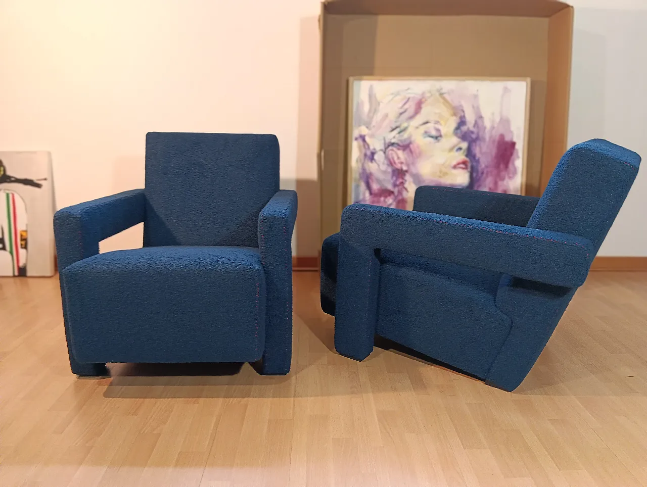 Coppia di Utrecht 637 Cassina in bouclé blu cuciture in rosso, 2000 16