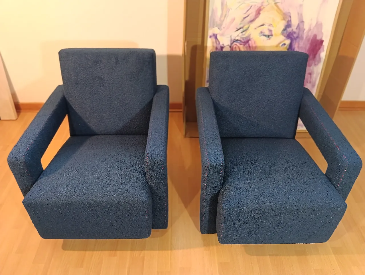 Coppia di Utrecht 637 Cassina in bouclé blu cuciture in rosso, 2000 17