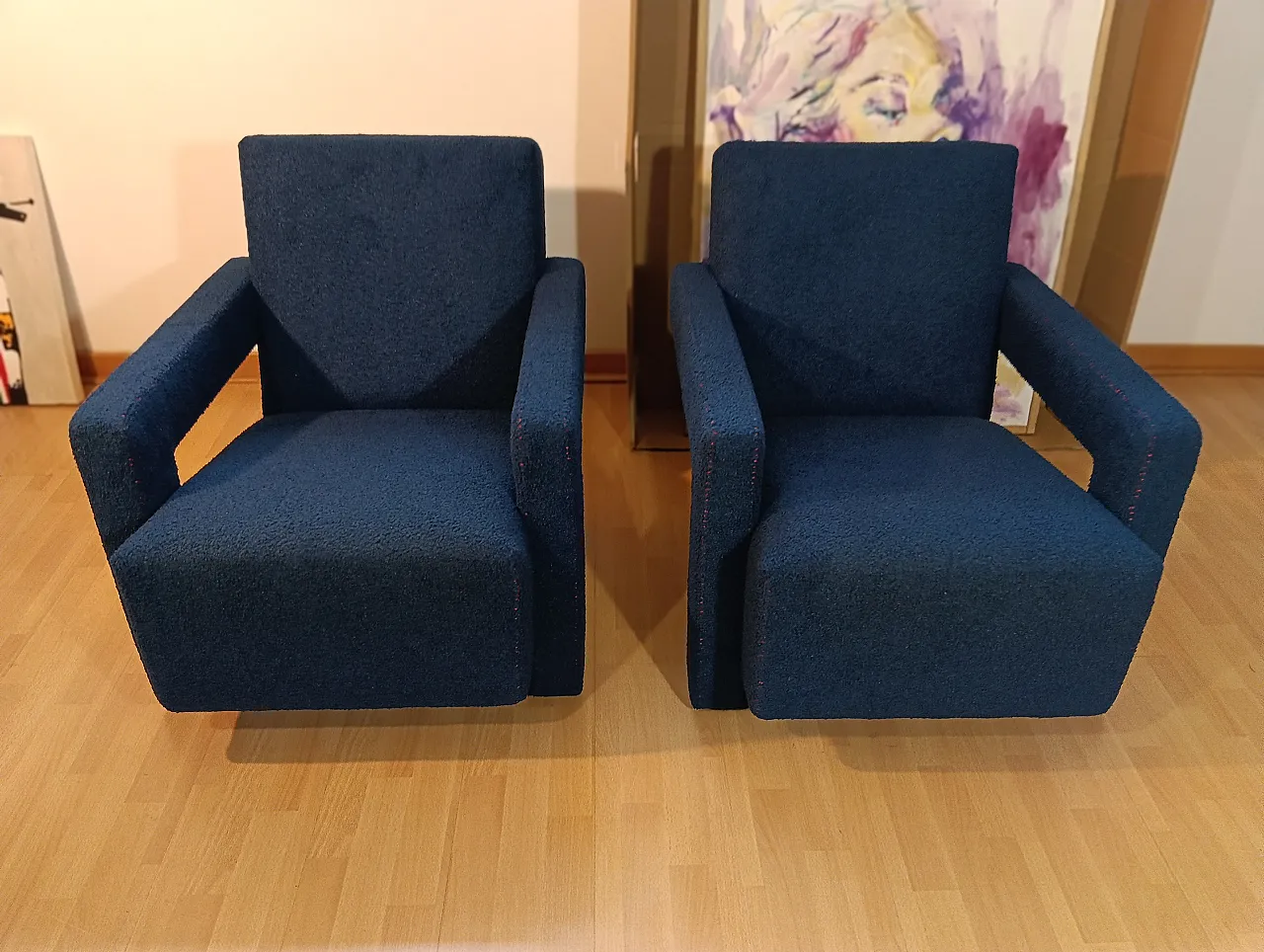 Coppia di Utrecht 637 Cassina in bouclé blu cuciture in rosso, 2000 18