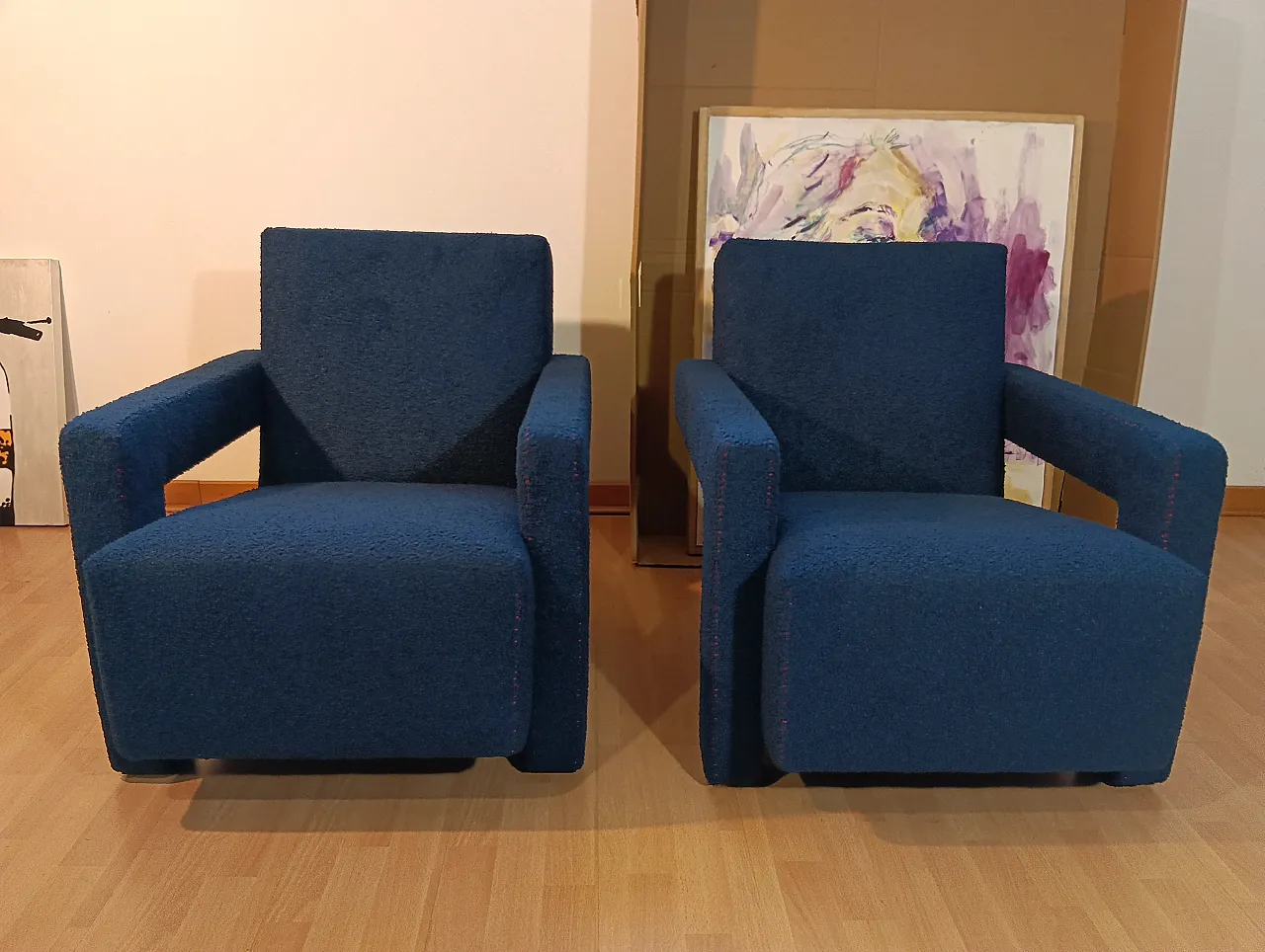 Coppia di Utrecht 637 Cassina in bouclé blu cuciture in rosso, 2000 20