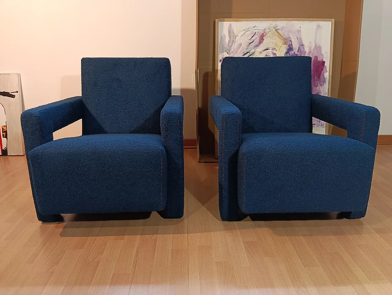 Coppia di Utrecht 637 Cassina in bouclé blu cuciture in rosso, 2000 21