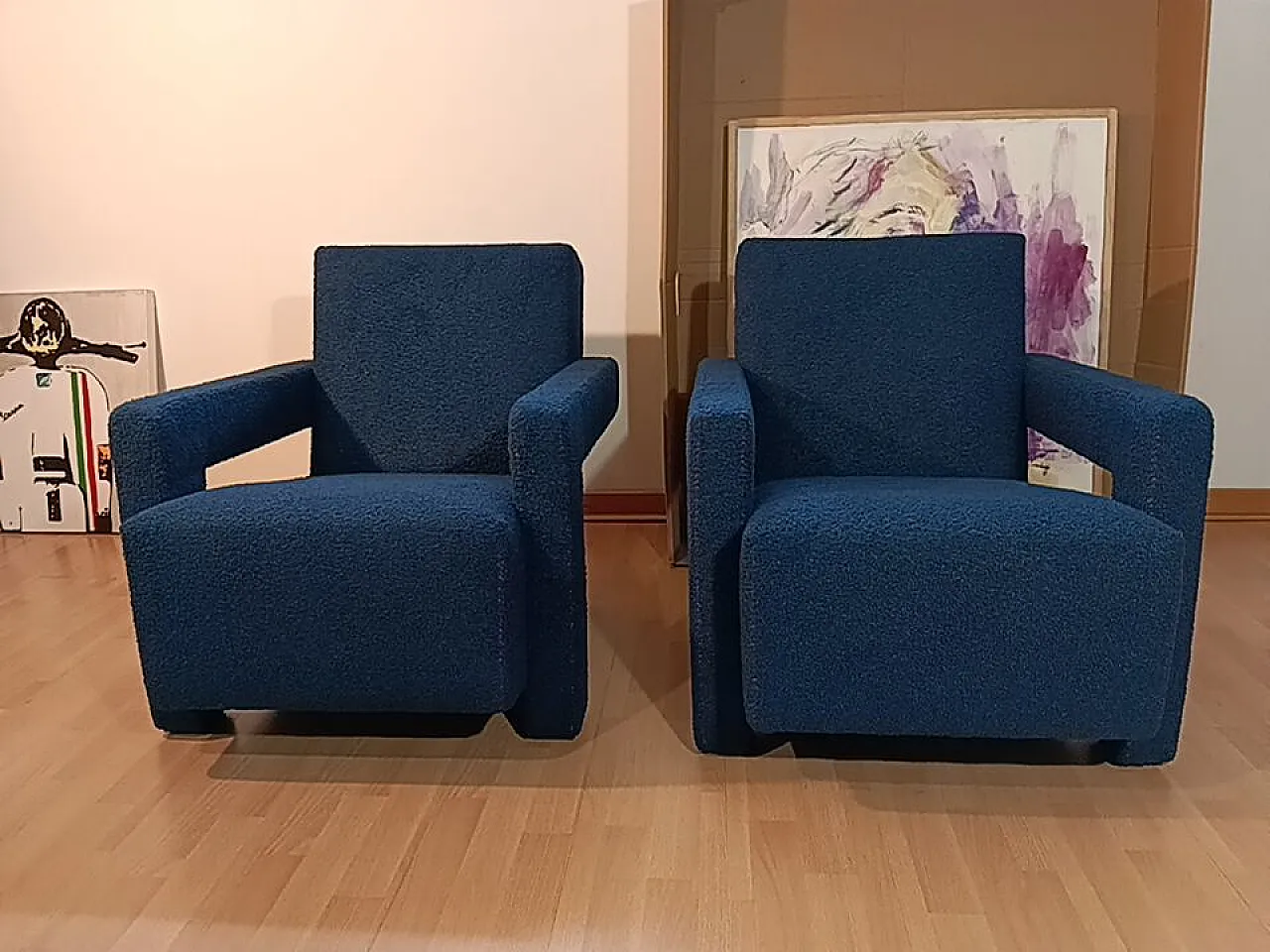 Coppia di Utrecht 637 Cassina in bouclé blu cuciture in rosso, 2000 24