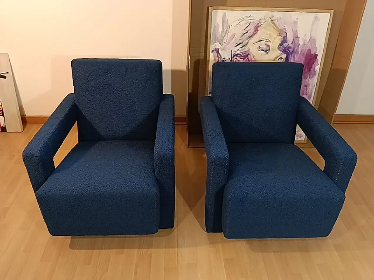 Coppia di Utrecht 637 Cassina in bouclé blu cuciture in rosso, 2000 25