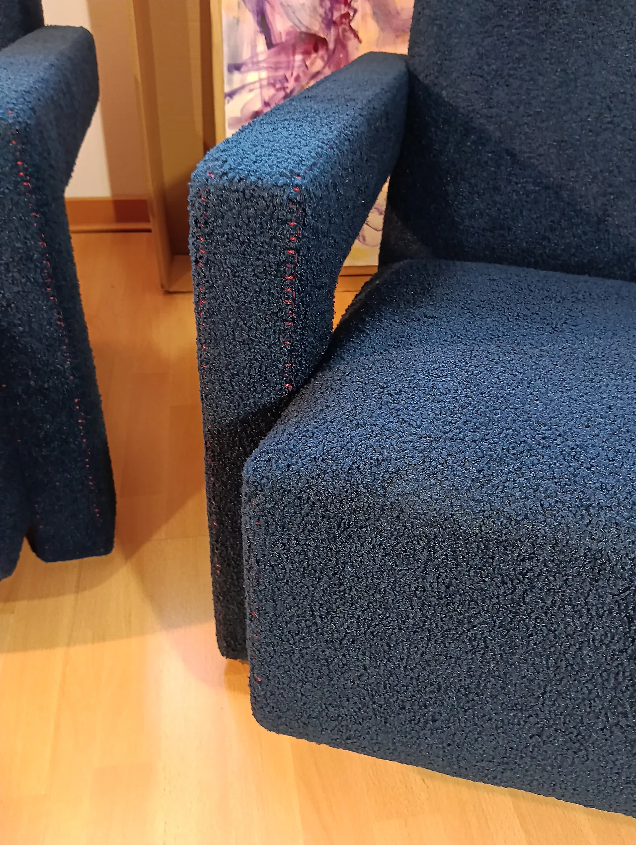 Coppia di Utrecht 637 Cassina in bouclé blu cuciture in rosso, 2000 31