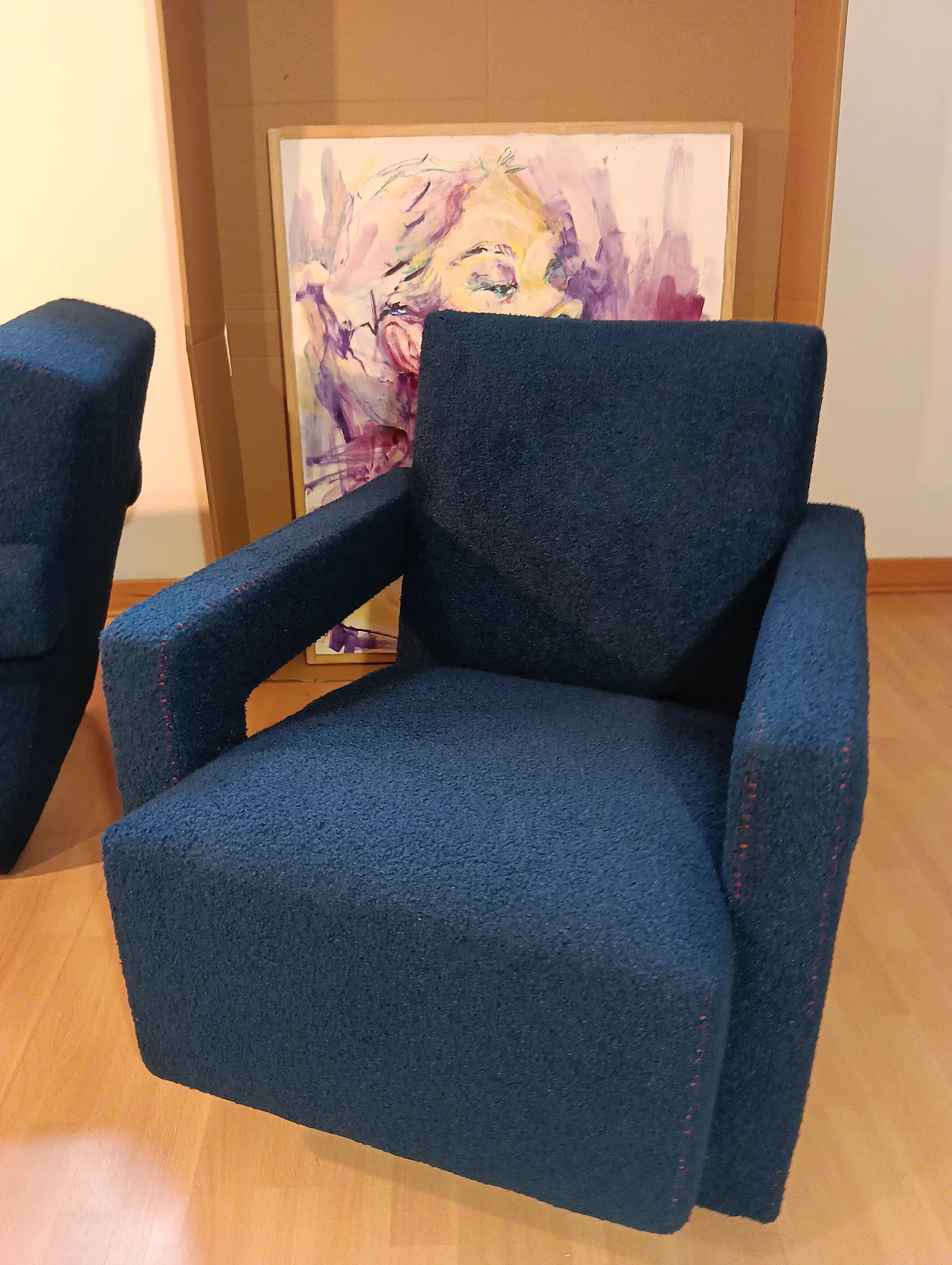 Coppia di Utrecht 637 Cassina in bouclé blu cuciture in rosso, 2000 54