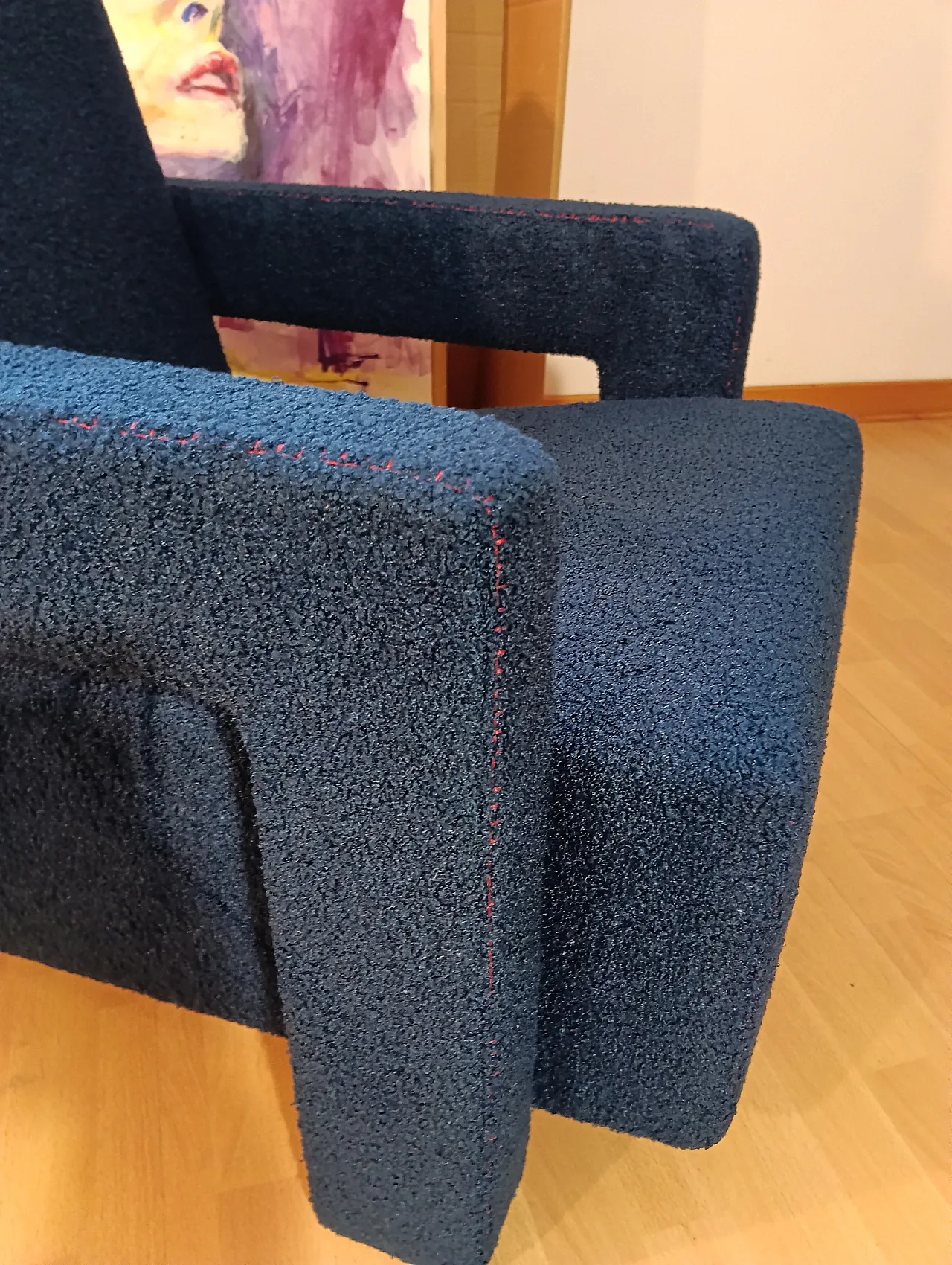 Coppia di Utrecht 637 Cassina in bouclé blu cuciture in rosso, 2000 74