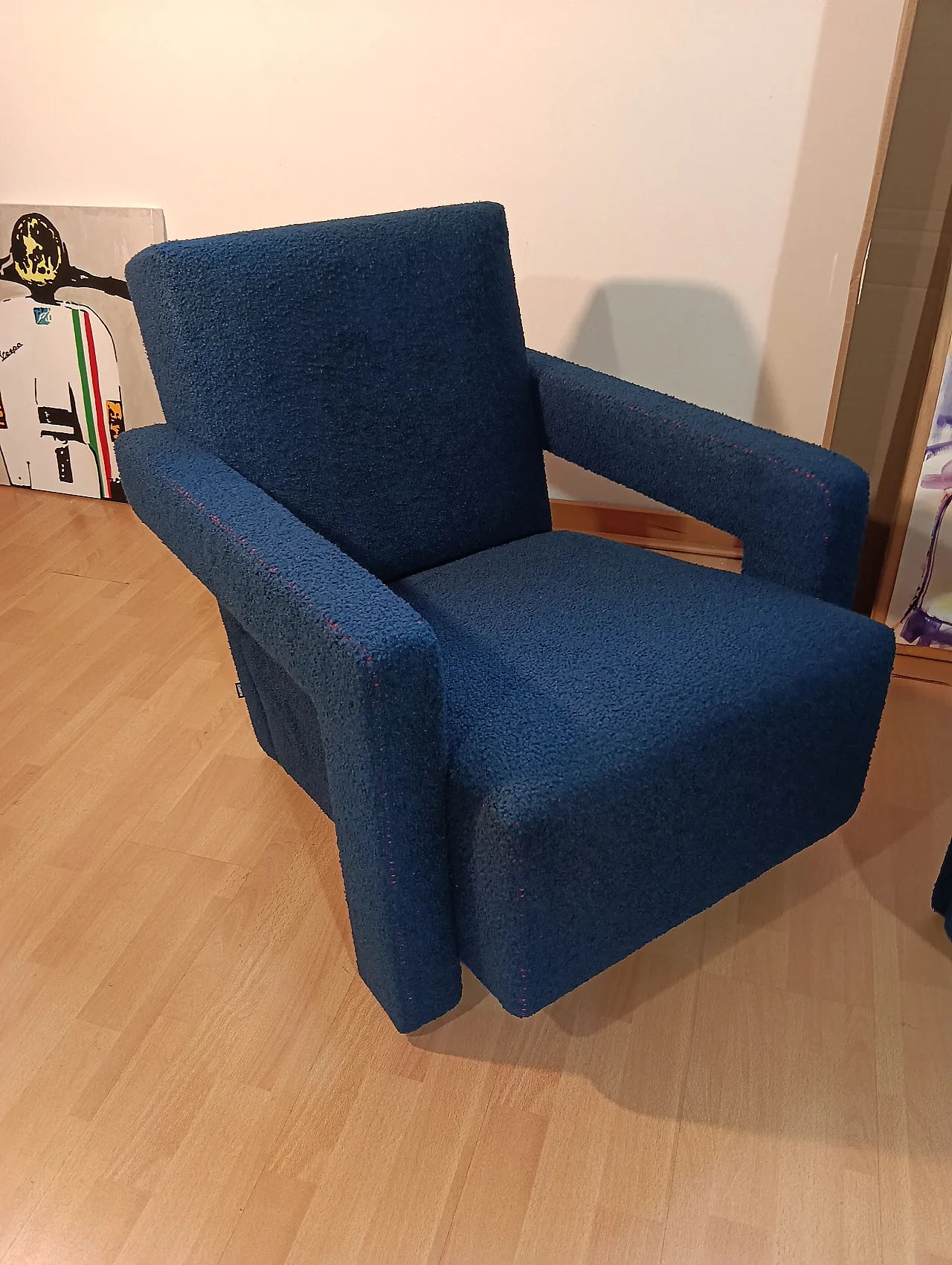 Coppia di Utrecht 637 Cassina in bouclé blu cuciture in rosso, 2000 97