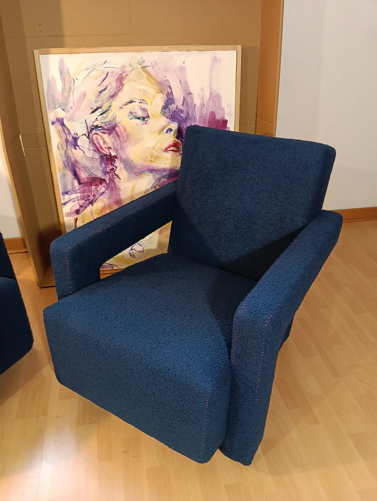 Coppia di Utrecht 637 Cassina in bouclé blu cuciture in rosso, 2000 99