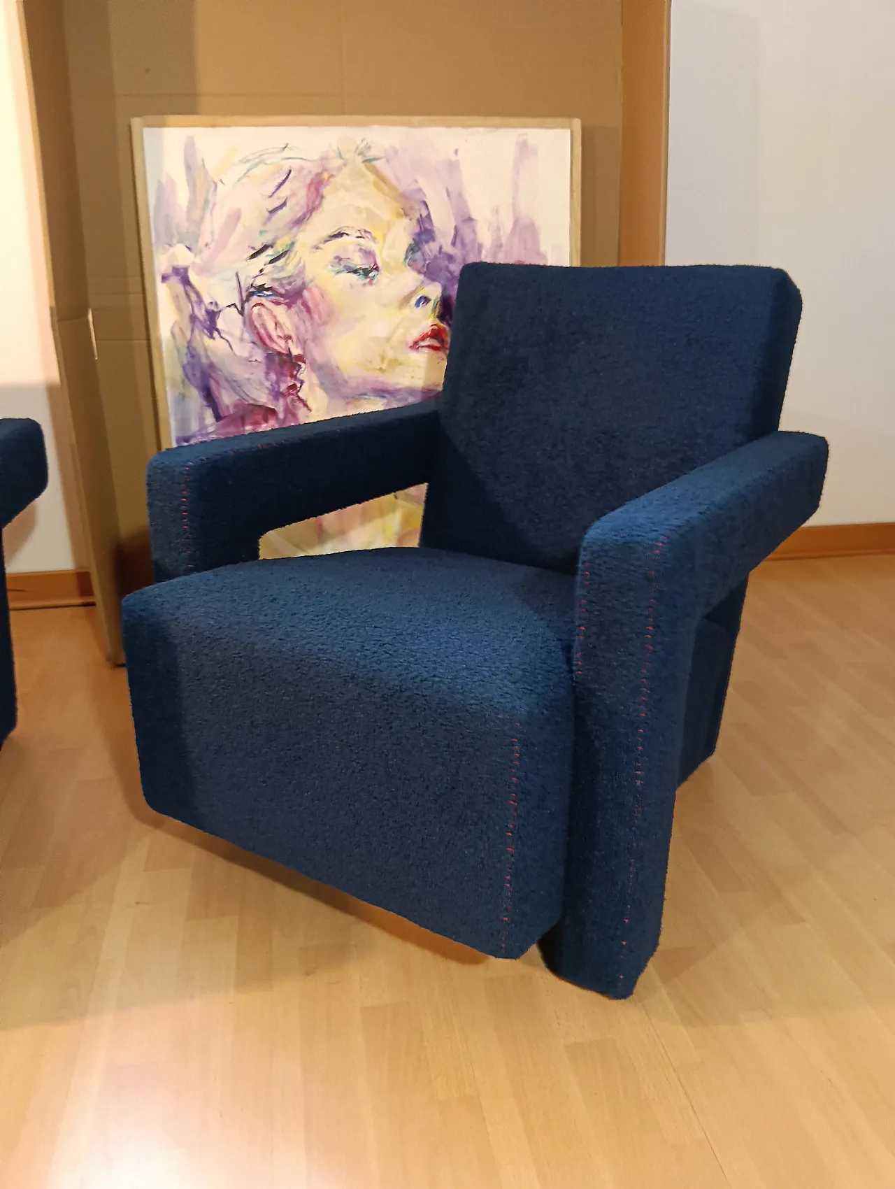 Coppia di Utrecht 637 Cassina in bouclé blu cuciture in rosso, 2000 103