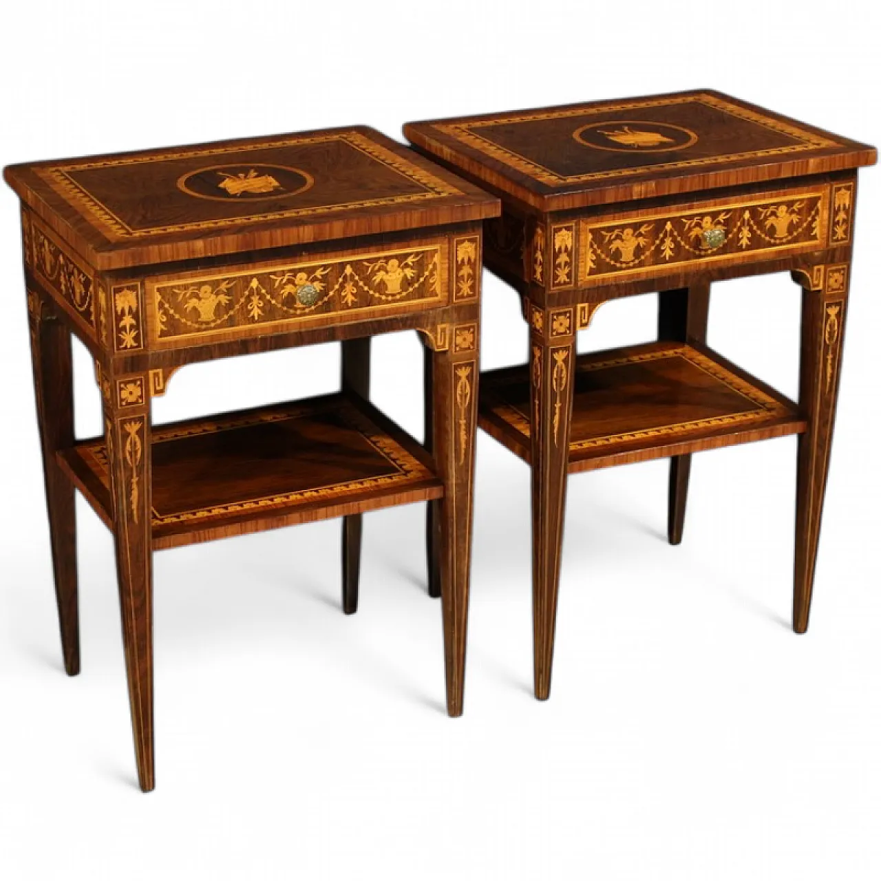 Pair of Louis XVI style inlaid bedside tables, 20th century 13