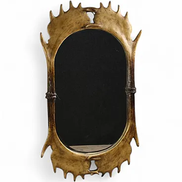 Oval French mirror with resin deer horns frame, 1980s