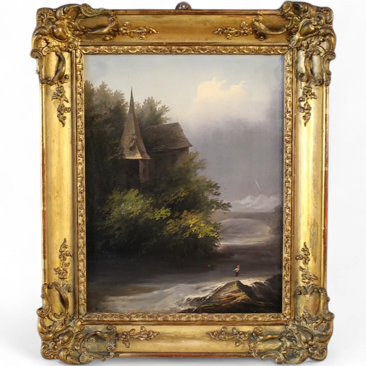 19th century painting signed Peyron, romantic landscape with fish 17