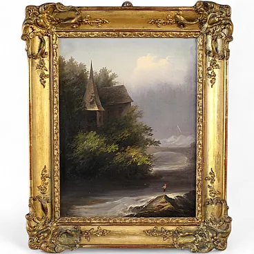 19th century painting signed Peyron, romantic landscape with fish