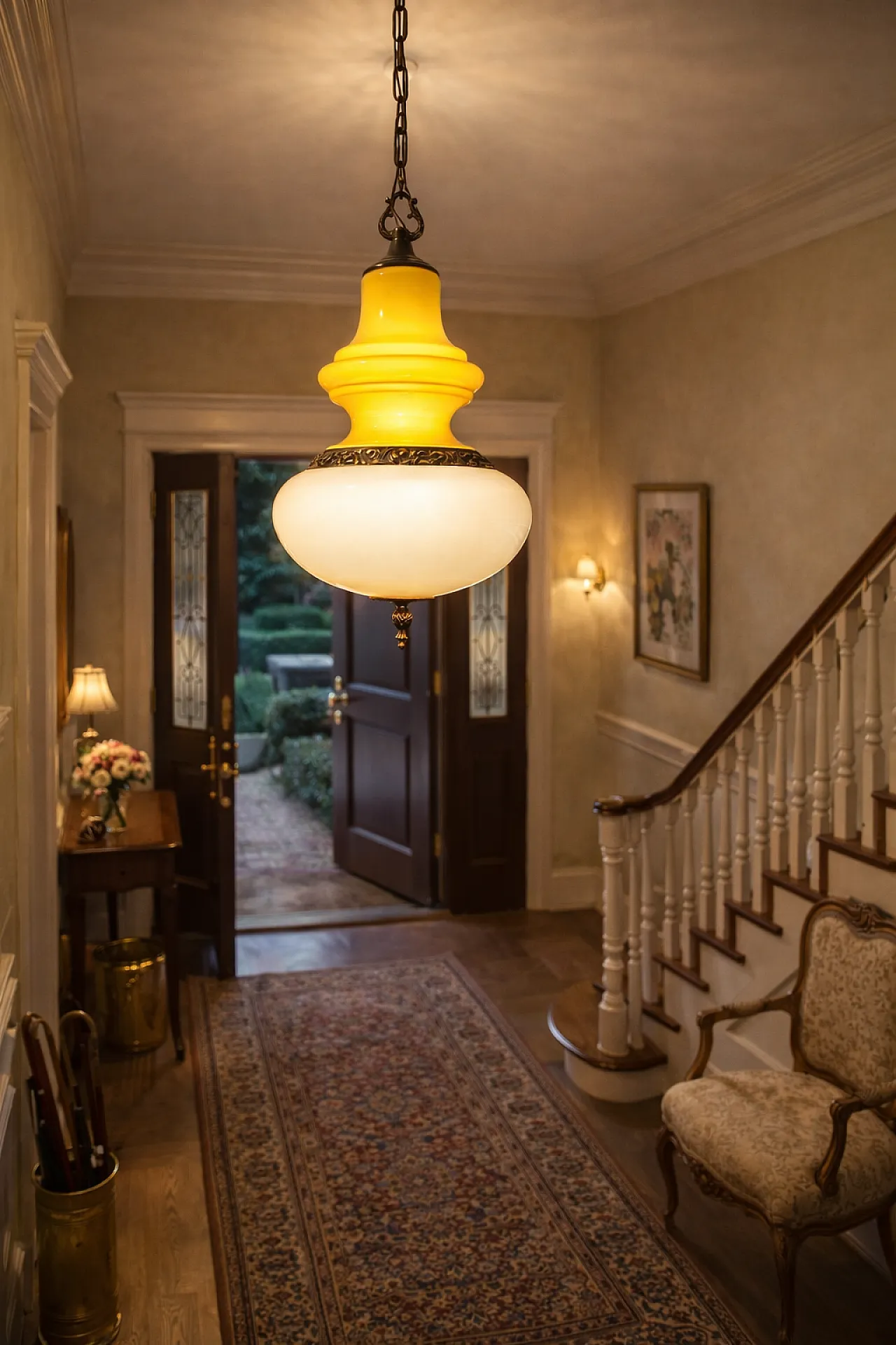 Pendant lamp in opaline glass and brass. Italy, 60s 2