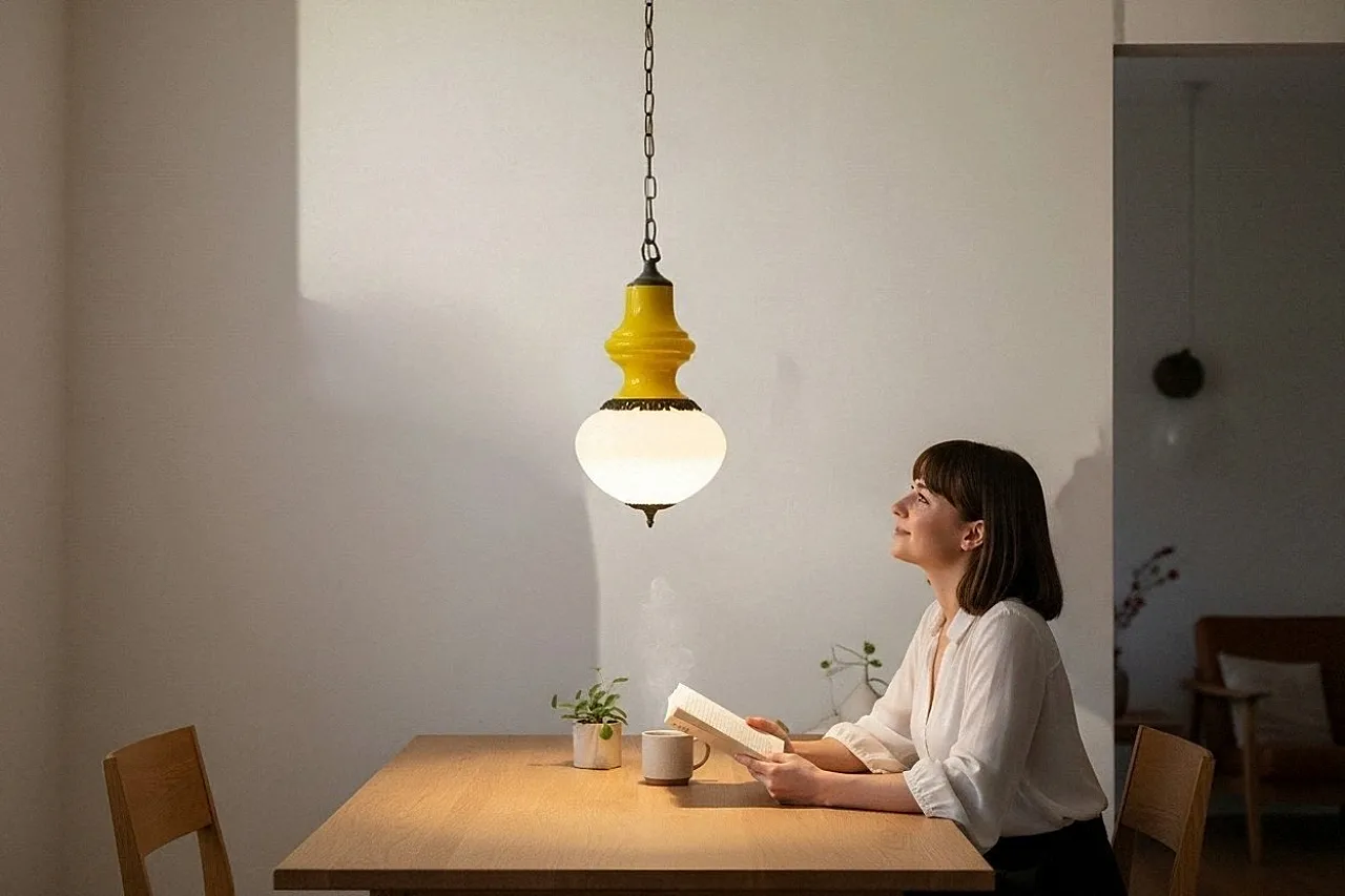 Pendant lamp in opaline glass and brass. Italy, 60s 6