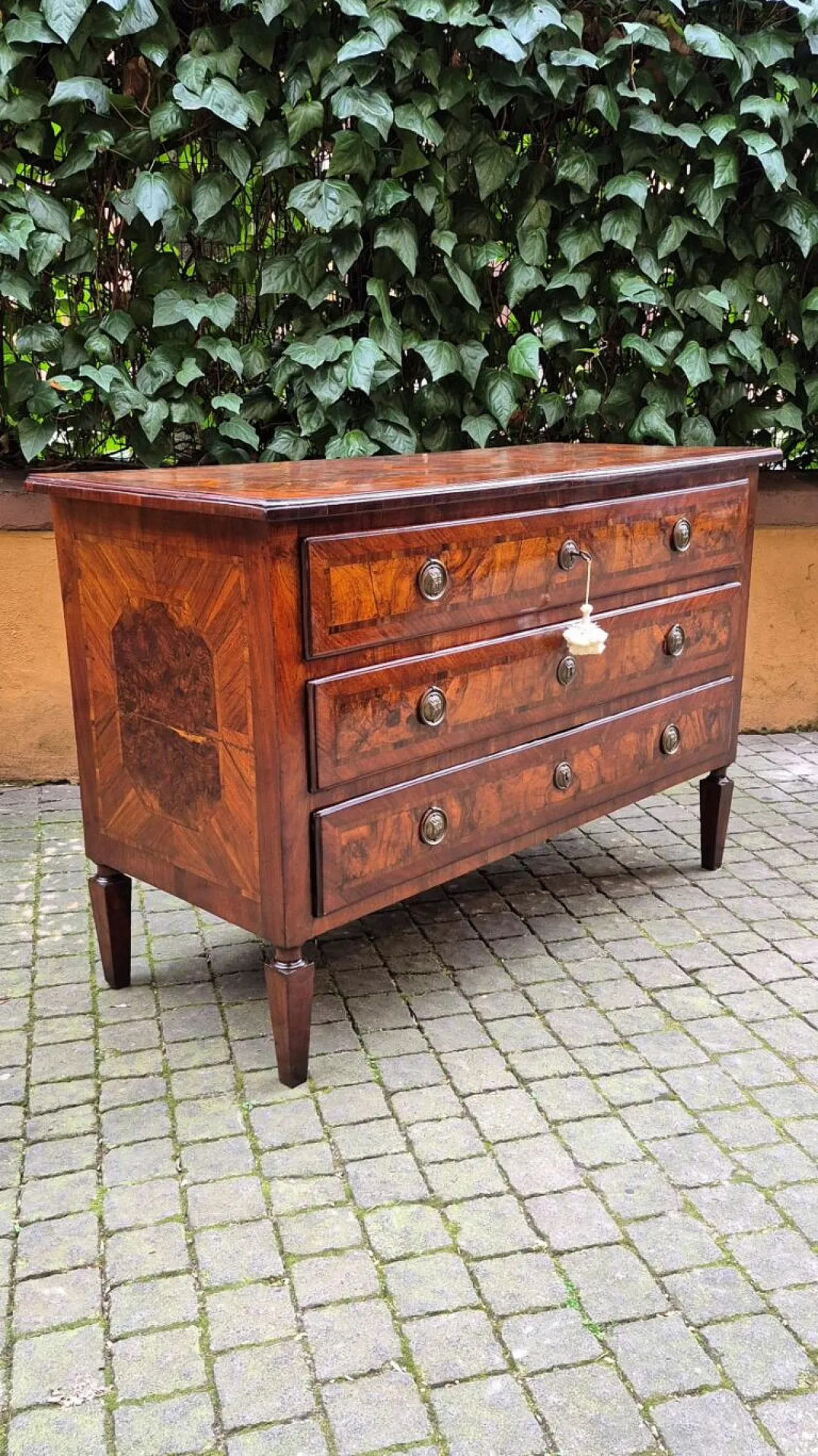 Cassettone lastronato e filettato in noce e radica, '700 2