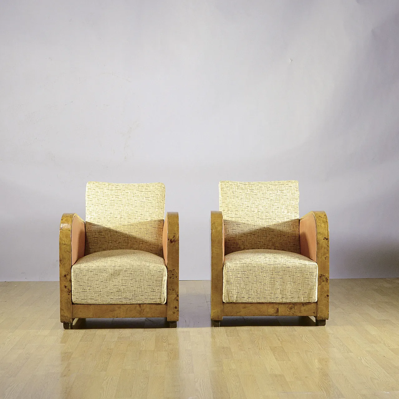 Pair of burl and Art Decò fabric club chairs, 1930s 1