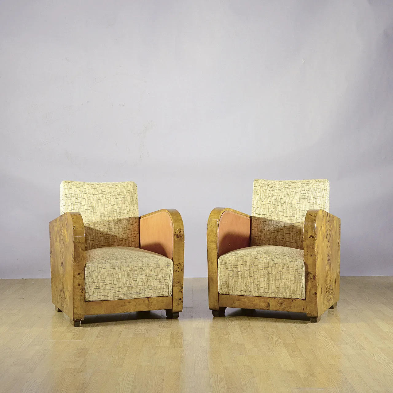 Pair of burl and Art Decò fabric club chairs, 1930s 2