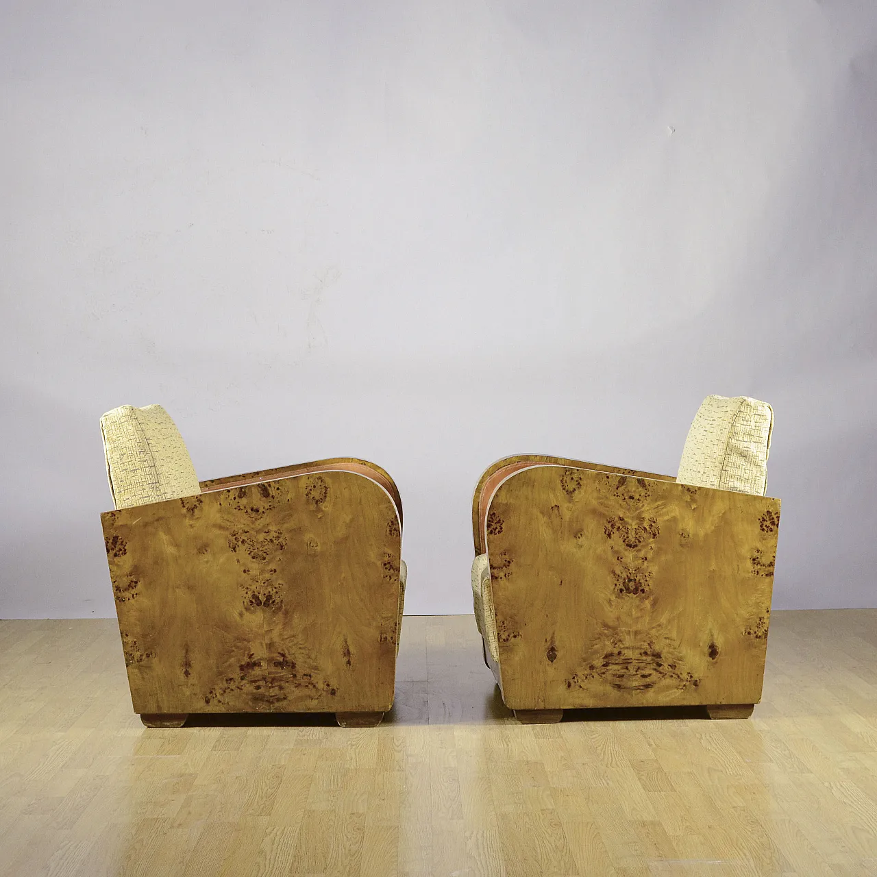 Pair of burl and Art Decò fabric club chairs, 1930s 3