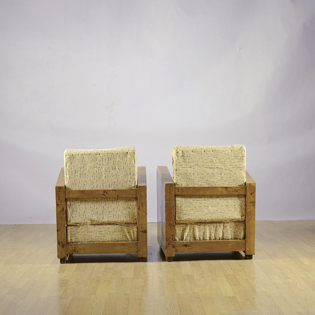 Pair of burl and Art Decò fabric club chairs, 1930s 4