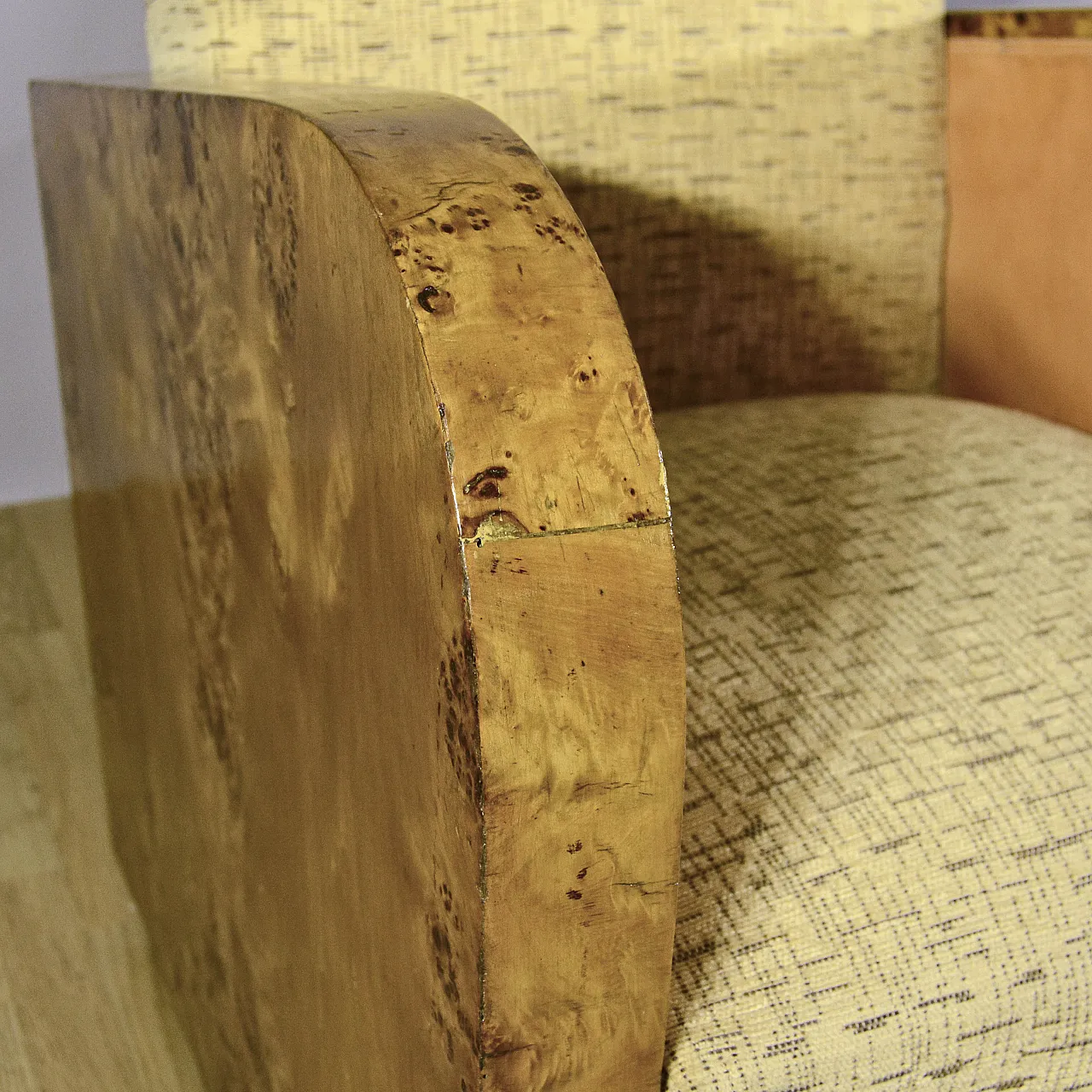 Pair of burl and Art Decò fabric club chairs, 1930s 5