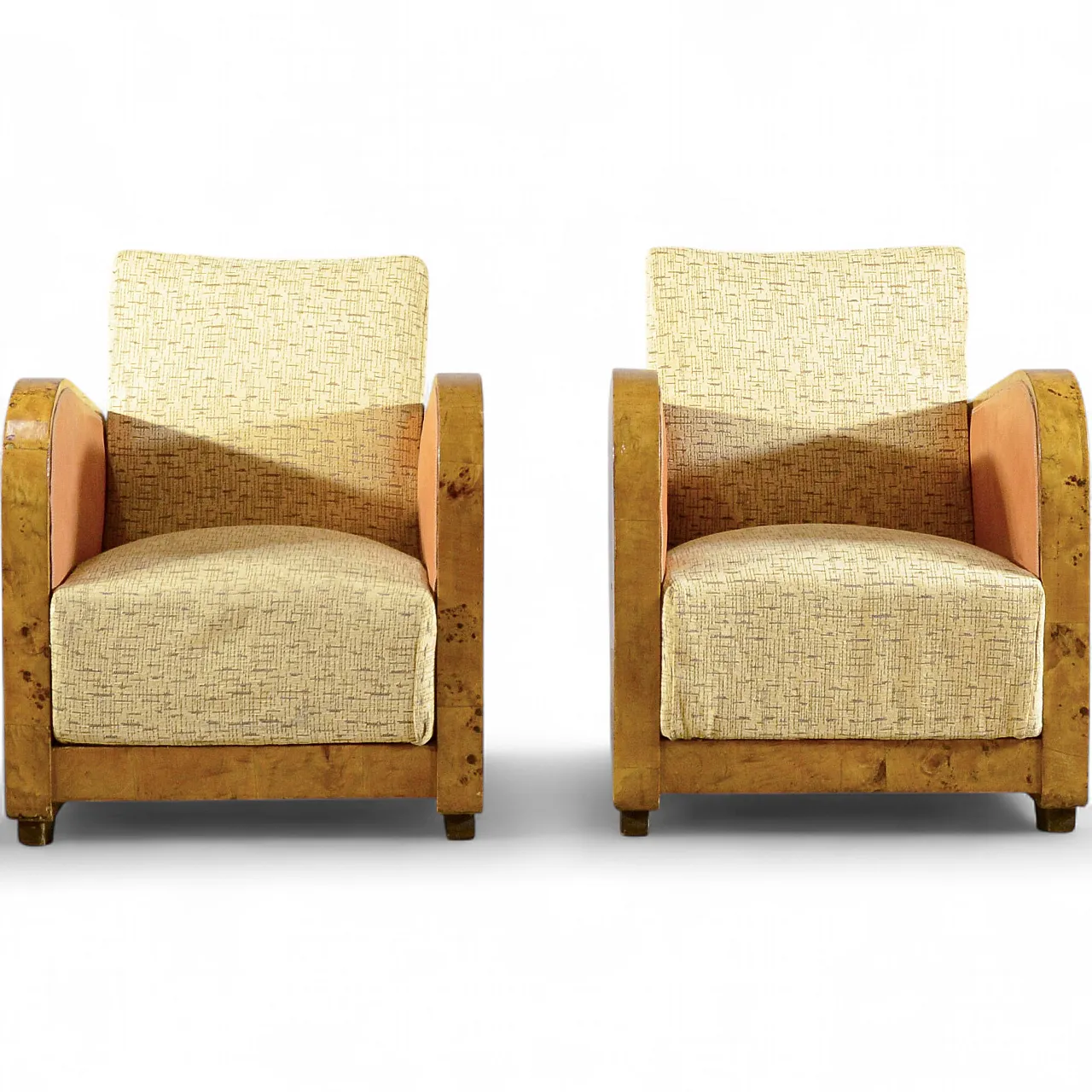 Pair of burl and Art Decò fabric club chairs, 1930s 9