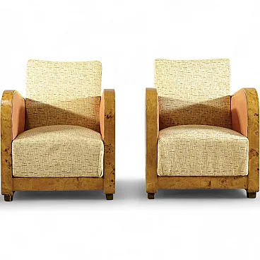 Pair of burl and Art Decò fabric club chairs, 1930s