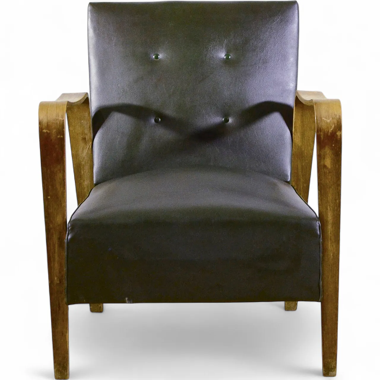 Poltrona verde scuro in pelle e legno di Anonima Castelli, anni '40 8