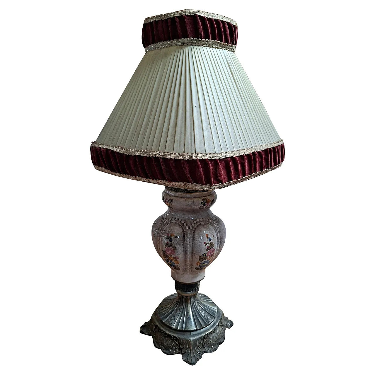Hand-painted ceramic and velvet table lamp, 20th century 1