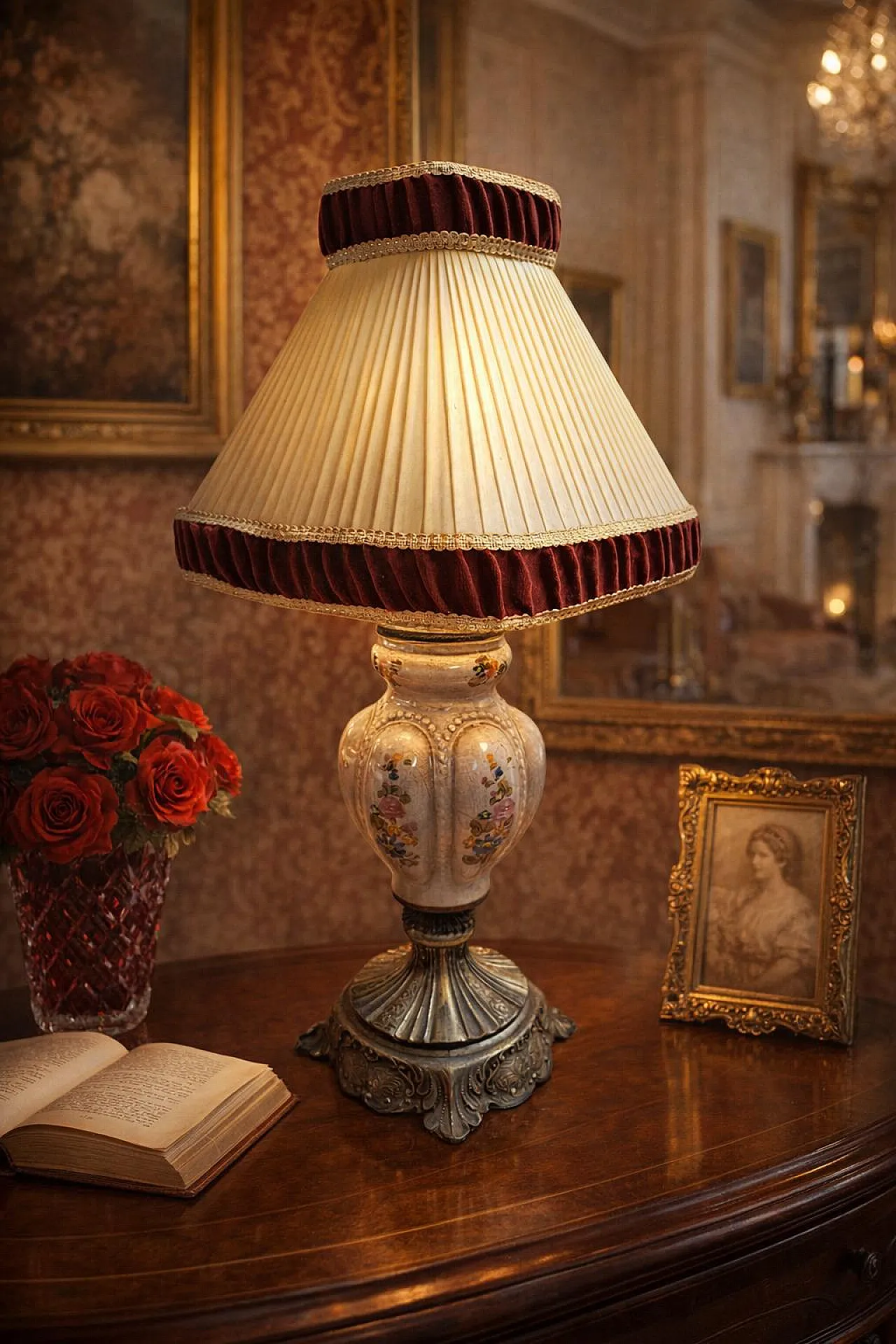 Hand-painted ceramic and velvet table lamp, 20th century 4