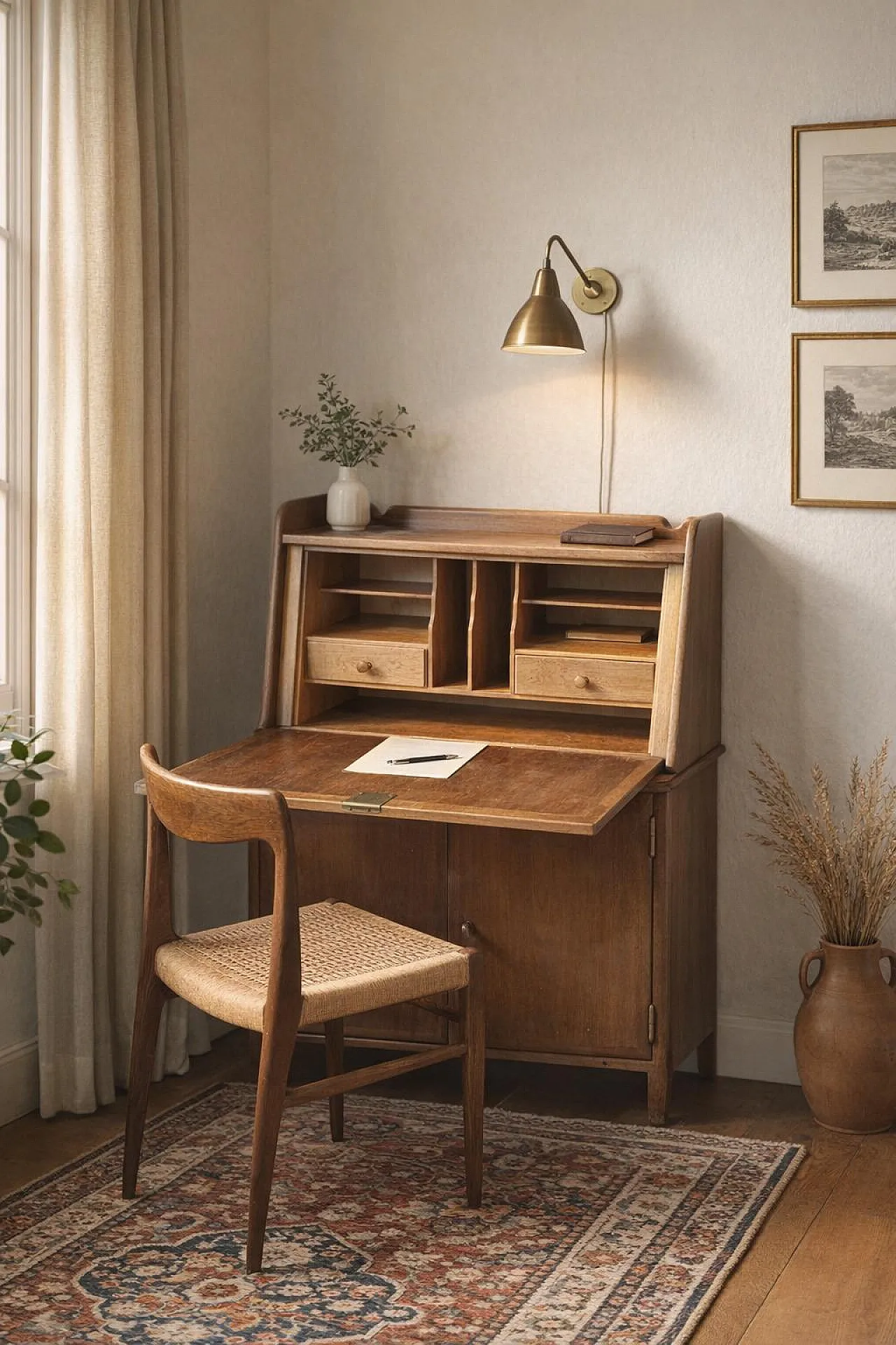 Wooden drop-leaf writing desk secretaire, 1960s 3