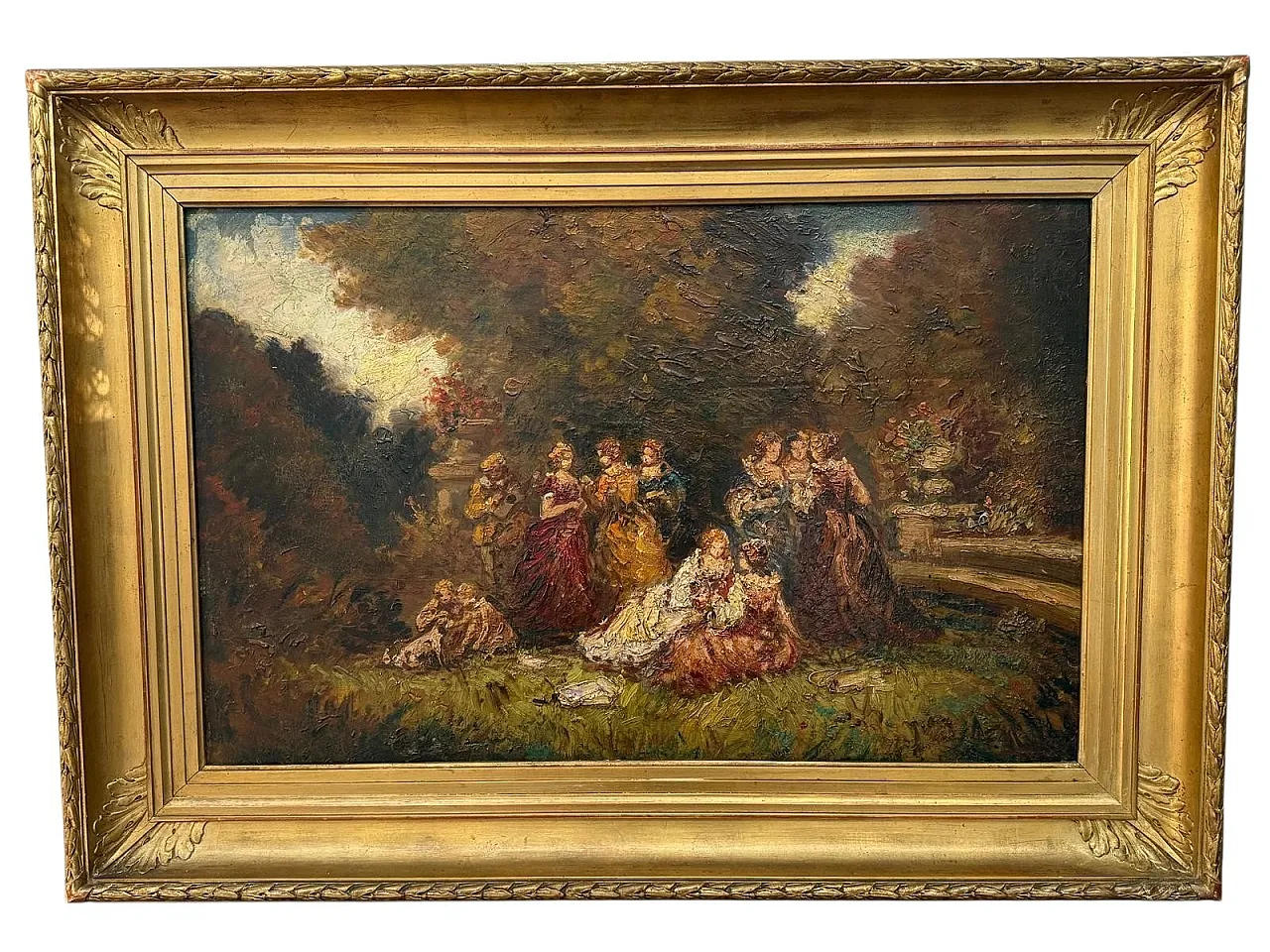 Romantic Ladies in a Lush Garden, signed oil painting, 19th Century 1