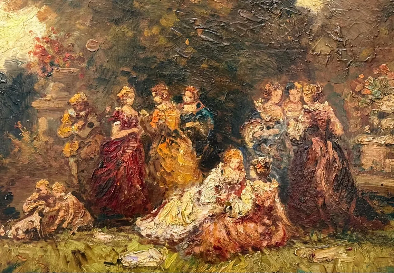 Romantic Ladies in a Lush Garden, signed oil painting, 19th Century 3