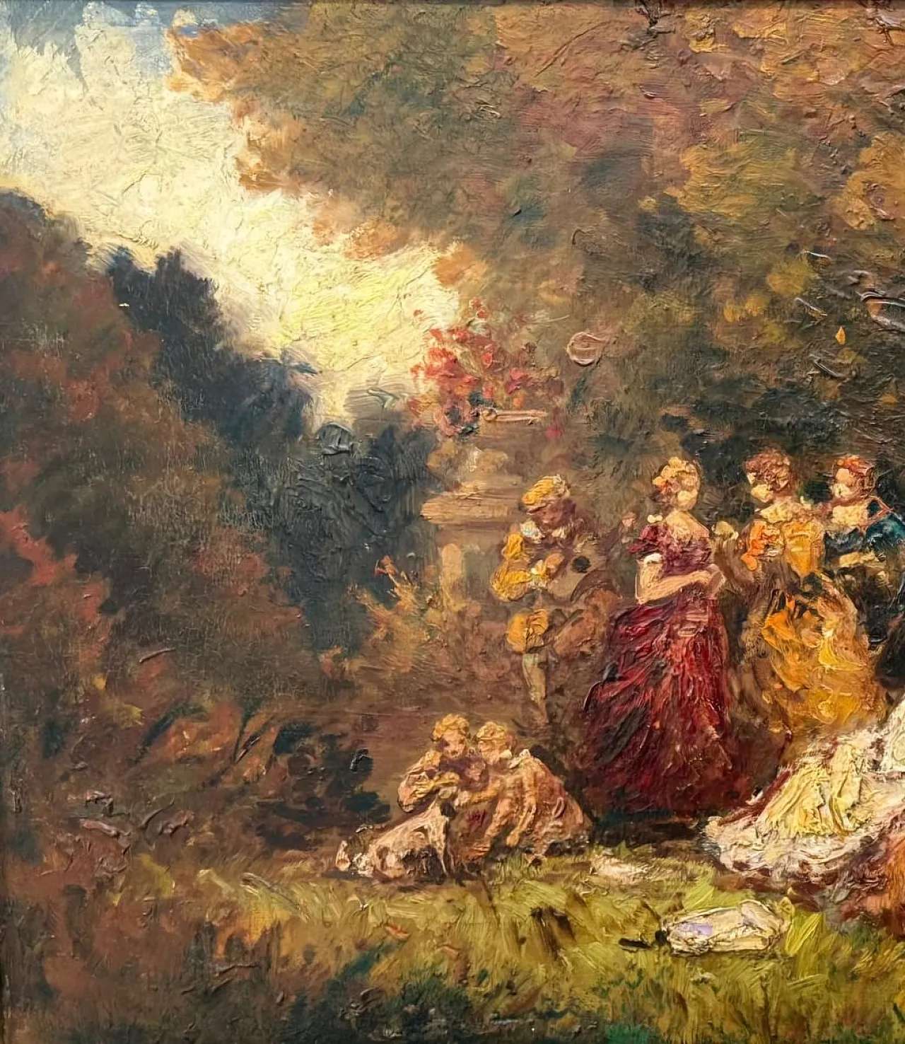 Romantic Ladies in a Lush Garden, signed oil painting, 19th Century 10