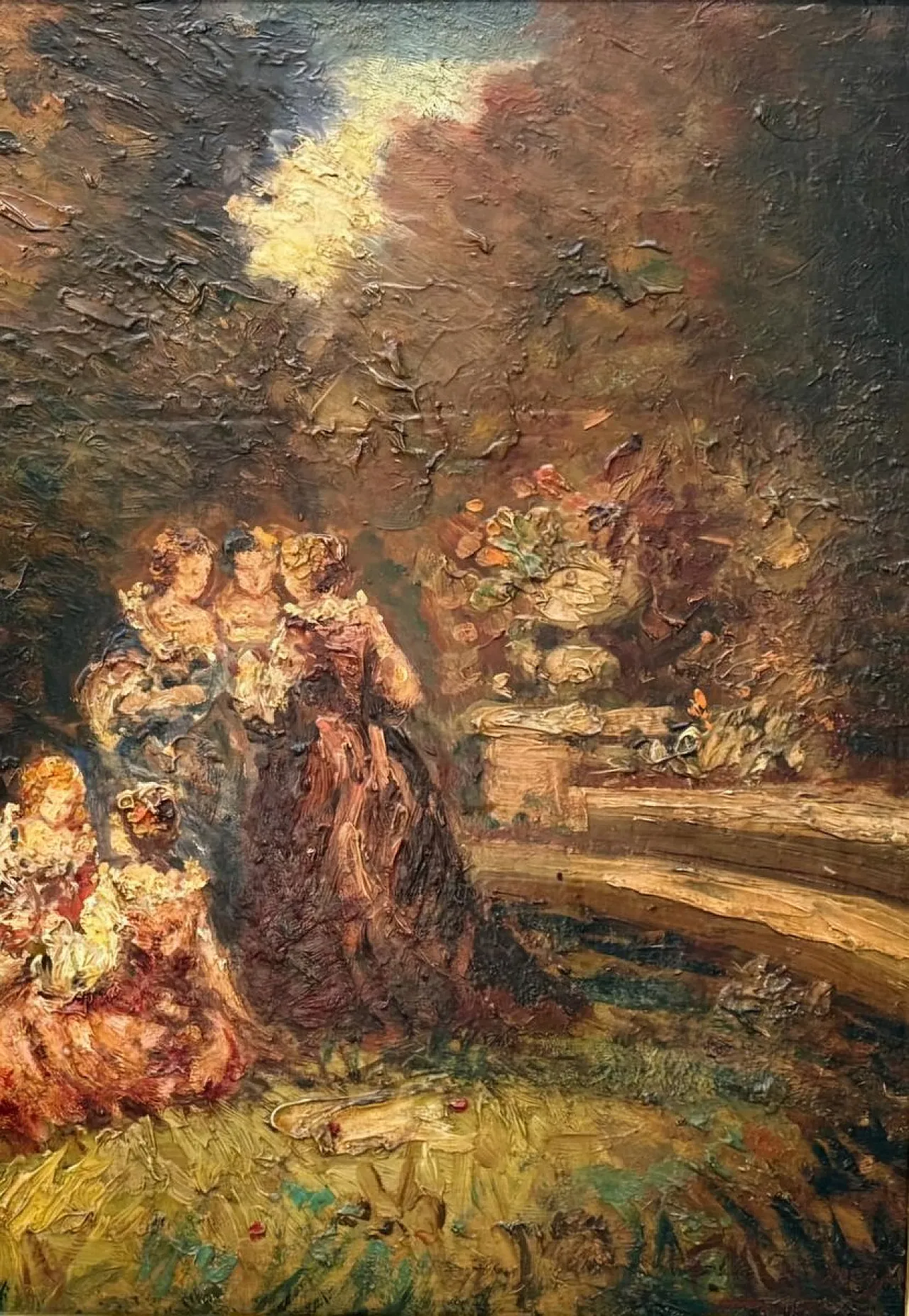 Romantic Ladies in a Lush Garden, signed oil painting, 19th Century 11