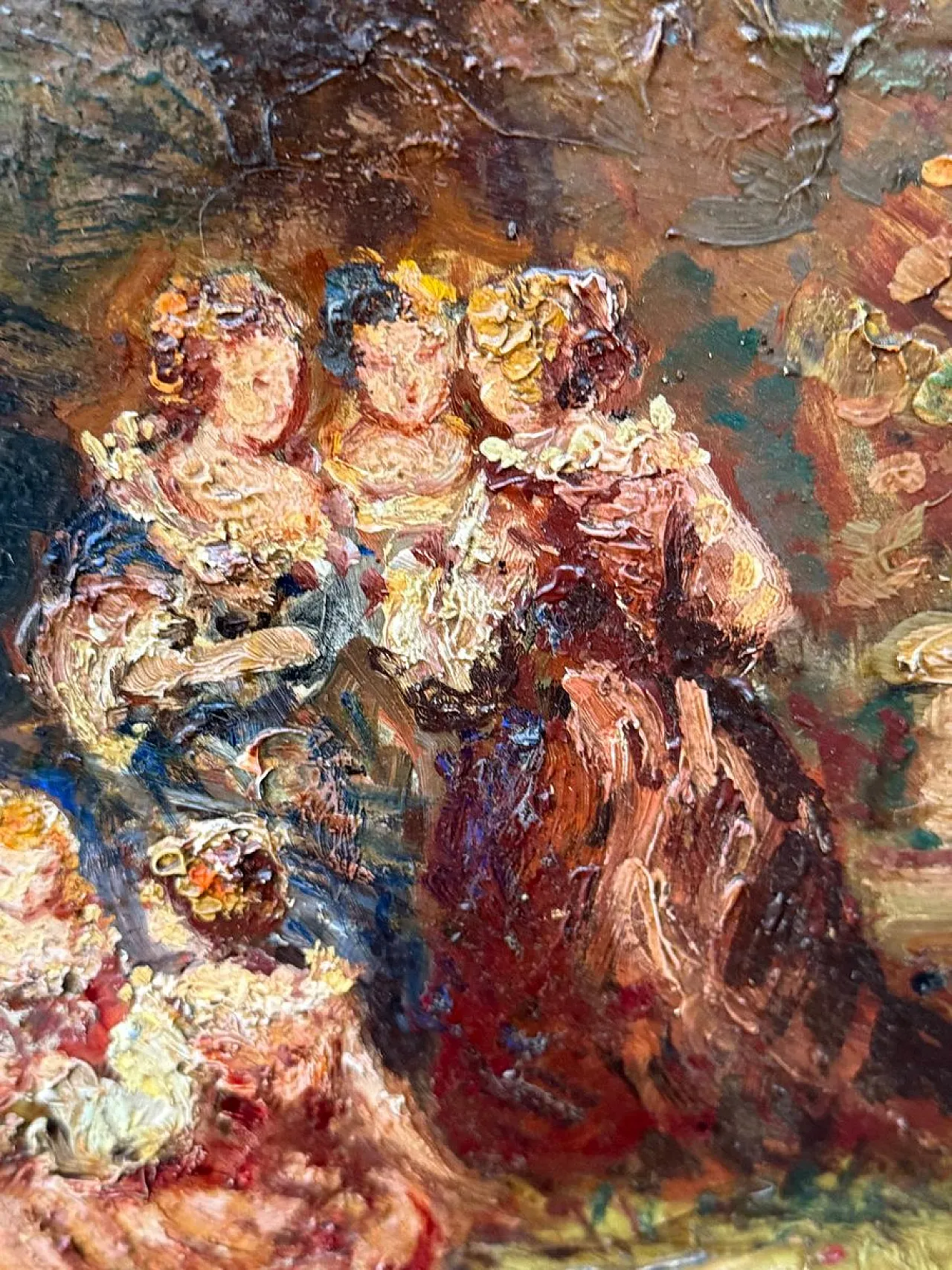 Romantic Ladies in a Lush Garden, signed oil painting, 19th Century 12