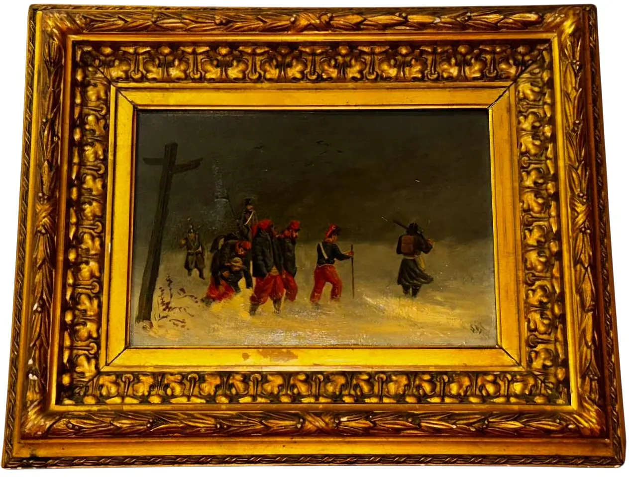 Soldiers in a winter scene, signed oil on wood, 19th century 1