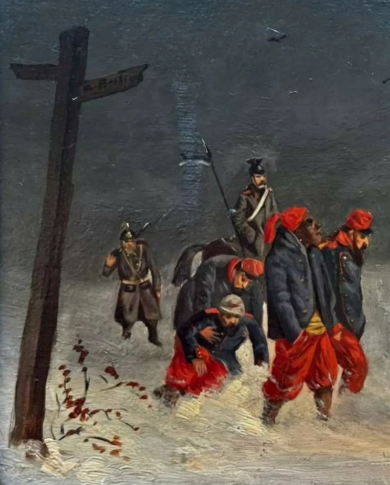 Soldiers in a winter scene, signed oil on wood, 19th century 3