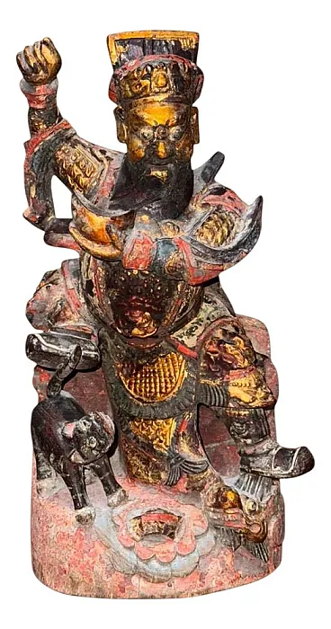 Chinese polychrome wood sculpture of the Taoist deity Zhao Gongming, Qing dynasty, 18th century