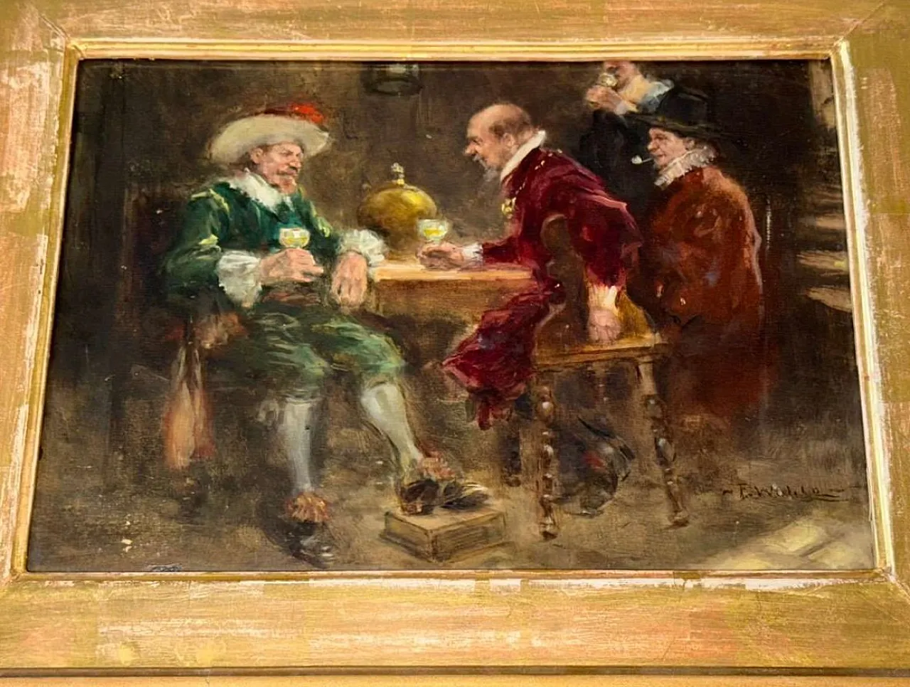 Signed oil Dutch Golden Age tavern scene, 19th century 3