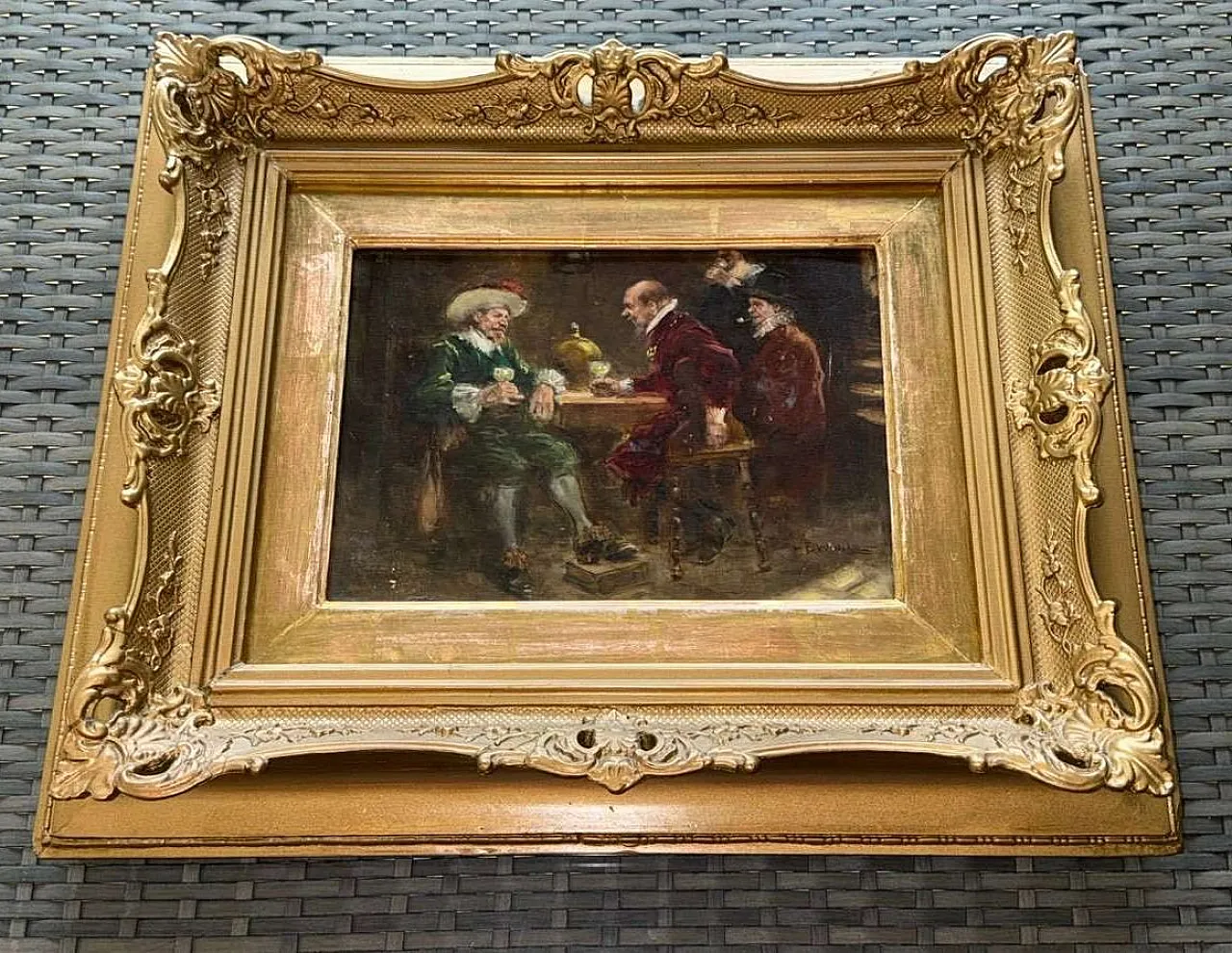 Signed oil Dutch Golden Age tavern scene, 19th century 12