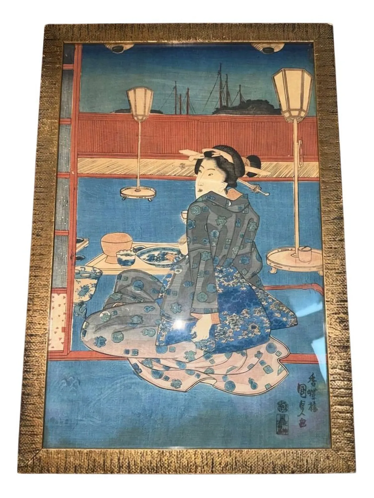Donna su una terrazza con vista sulla baia, Kunisada, '800 1