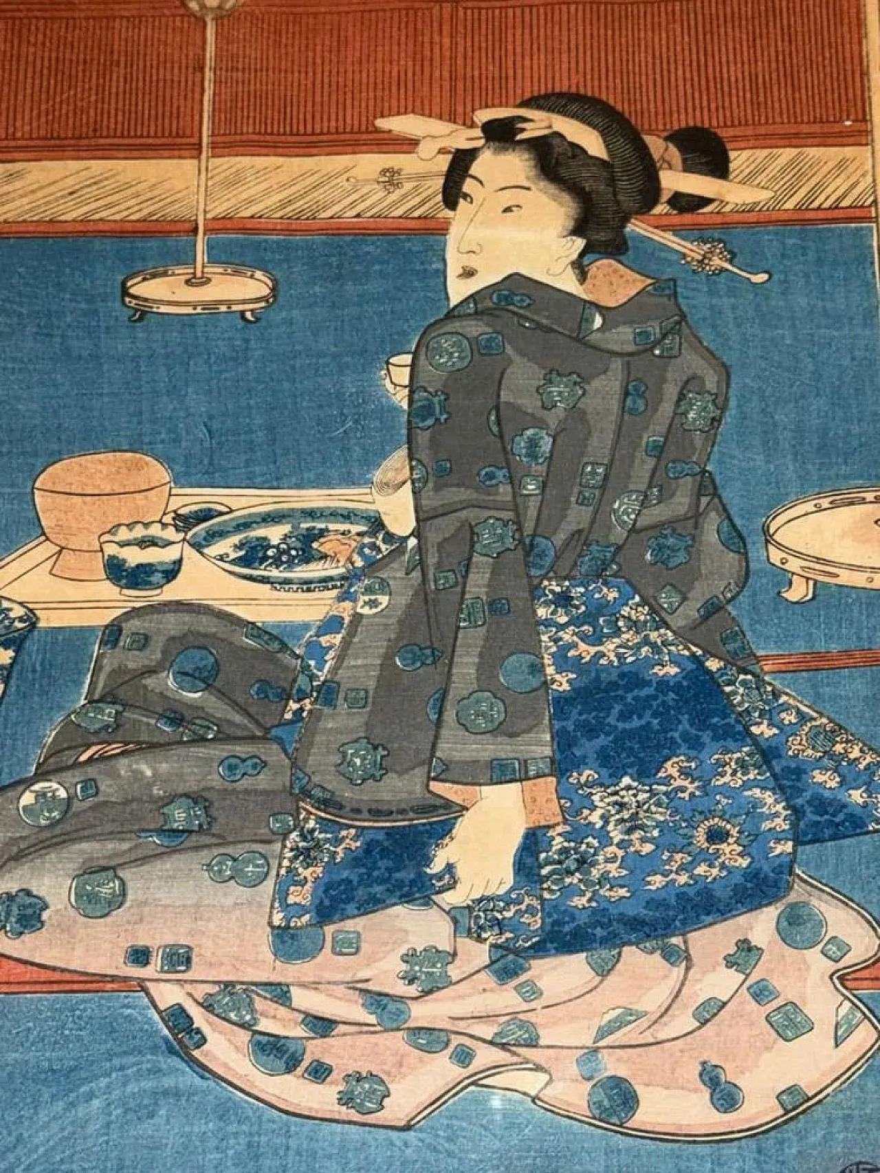 Donna su una terrazza con vista sulla baia, Kunisada, '800 2