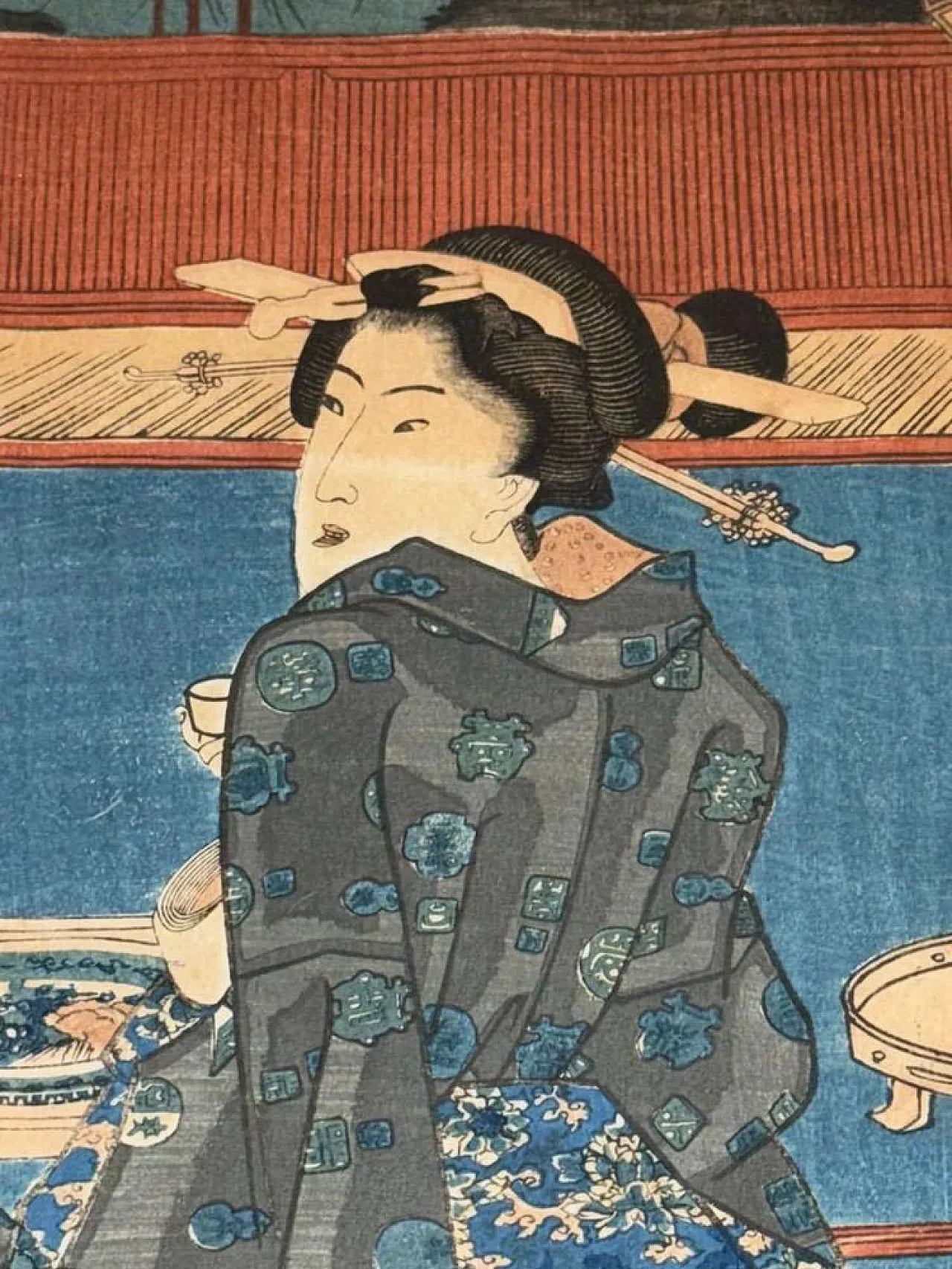 Donna su una terrazza con vista sulla baia, Kunisada, '800 3