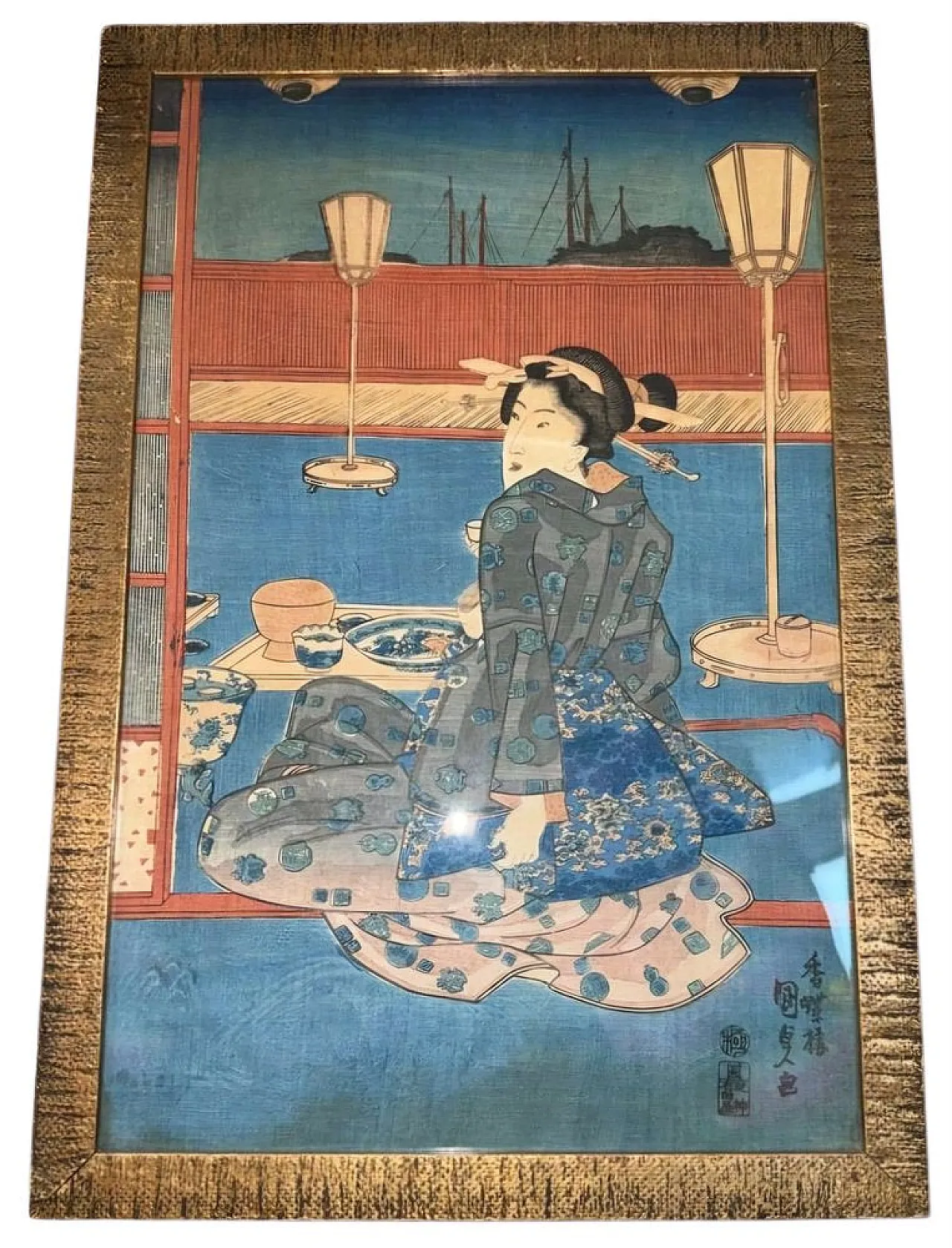 Donna su una terrazza con vista sulla baia, Kunisada, '800 8