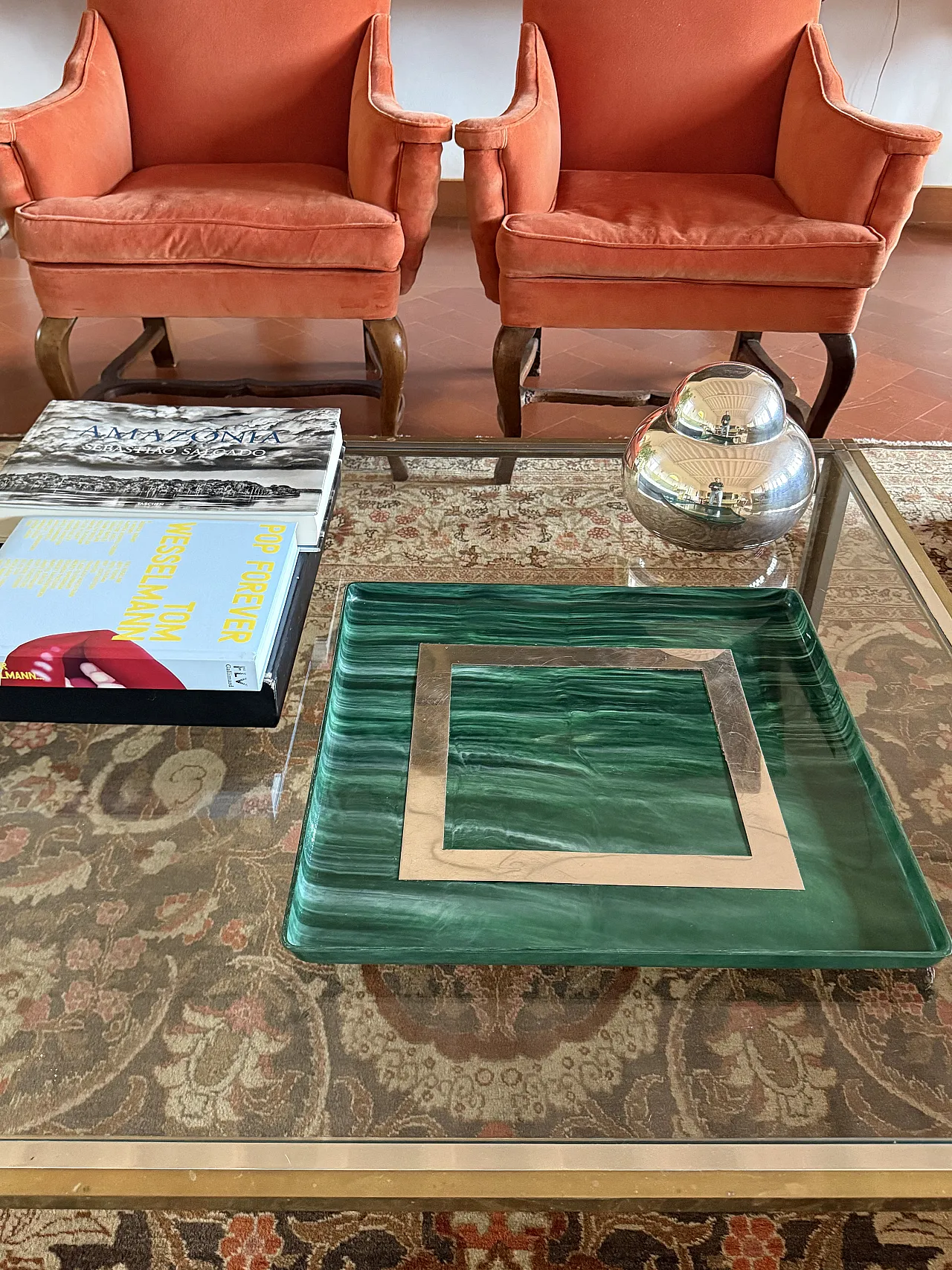 Malachite effect resin and brass tray, Italy 1980 2