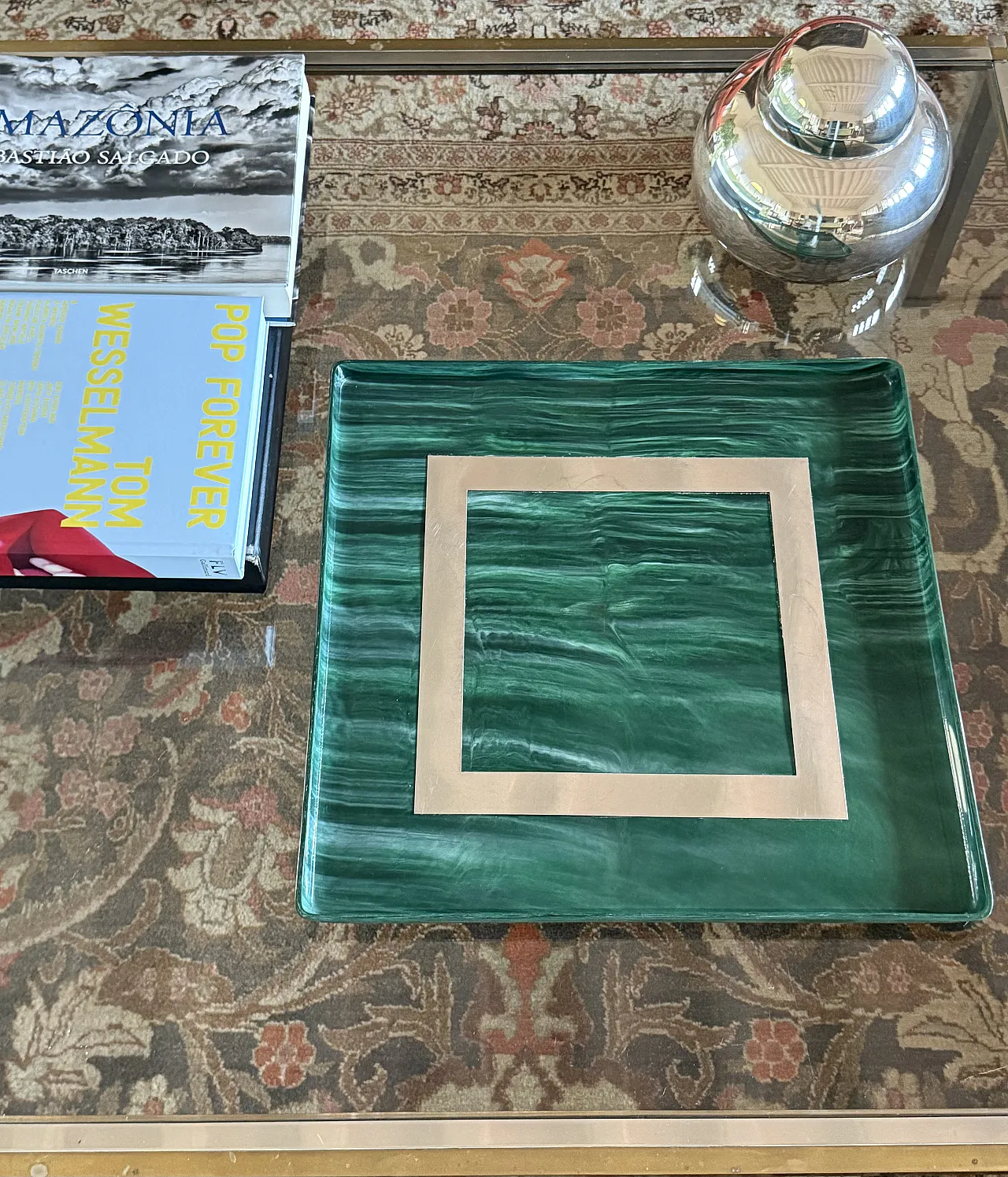 Malachite effect resin and brass tray, Italy 1980 9
