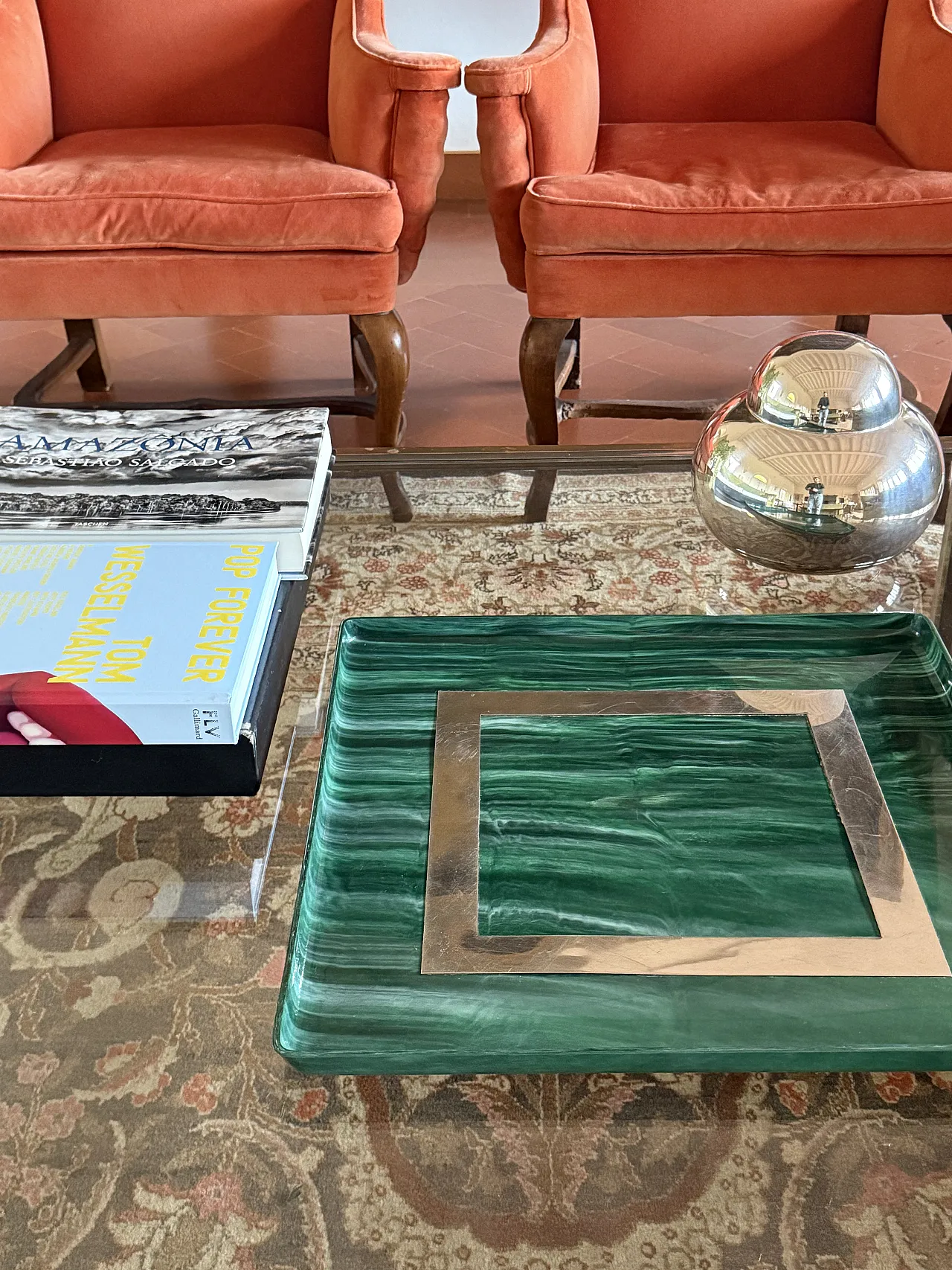 Malachite effect resin and brass tray, Italy 1980 13