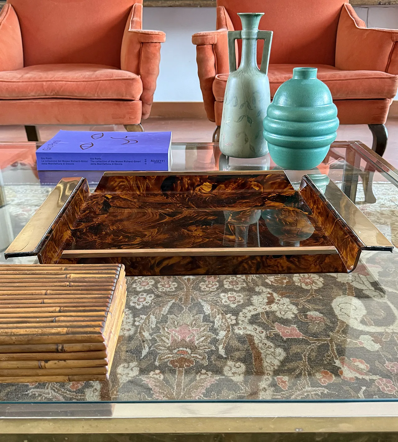 Hollywood Regency tortoiseshell brass and lucite tray, 1970 3