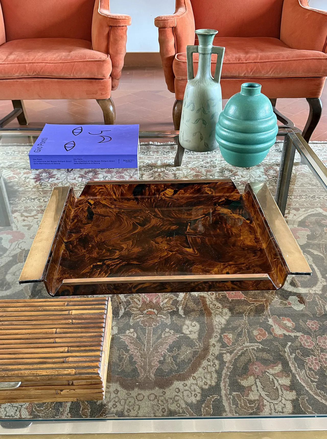 Hollywood Regency tortoiseshell brass and lucite tray, 1970 5
